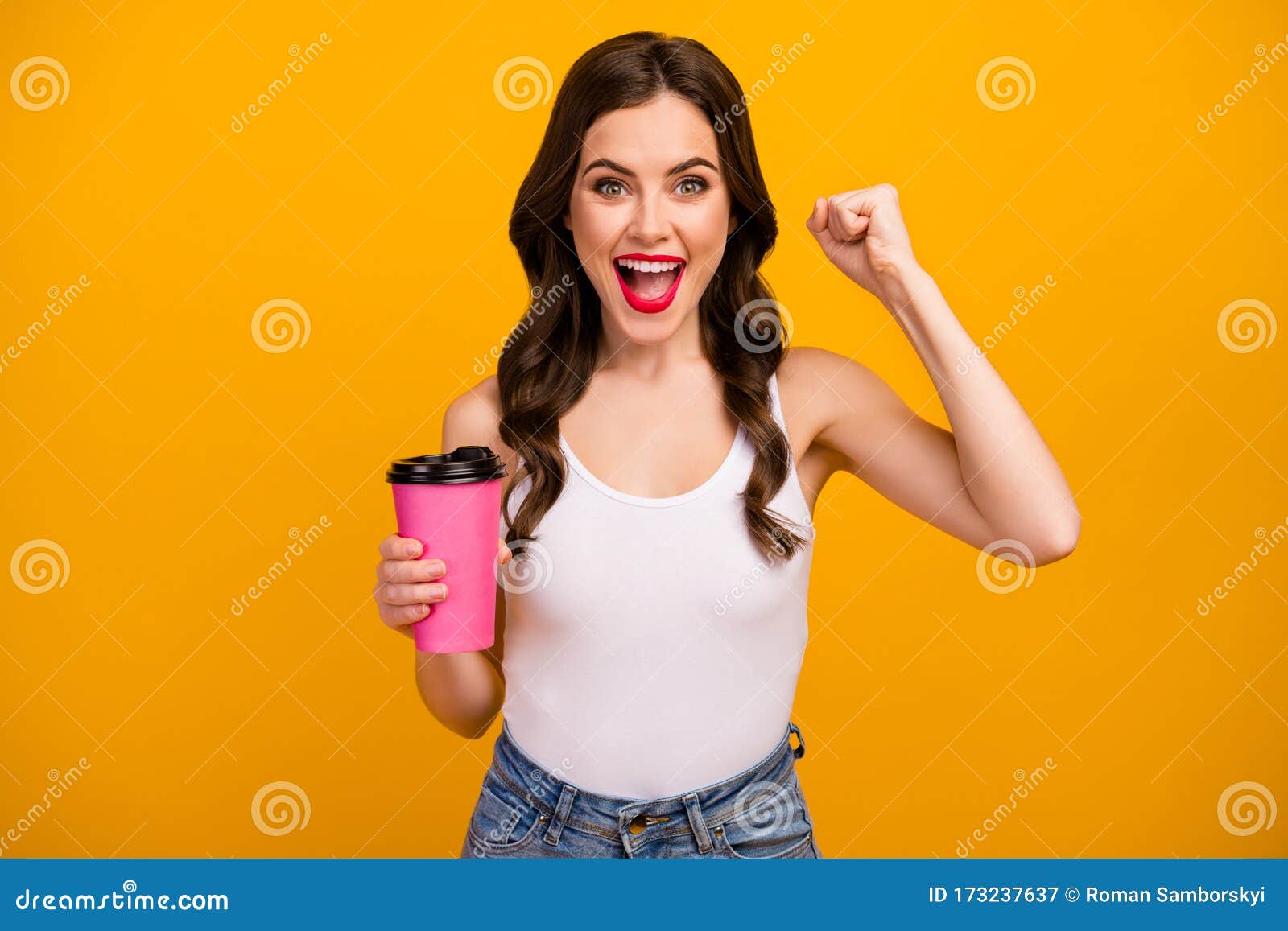 Go Photo of Funny Pretty Lady Hold Pink Paper Takeout Coffee Cup Raise Fist  Supporting Sports Team Match Game Wear White Stock Image - Image of drink,  excited: 173237637