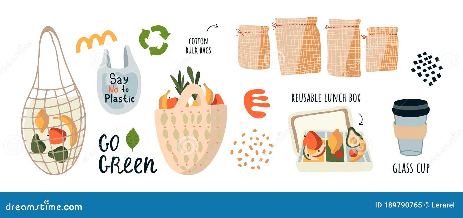 Go To Zero Waste, Without The Plastic Slogan Go Green. Reusable Eco Food Bags, A Set Of Cotton ...
