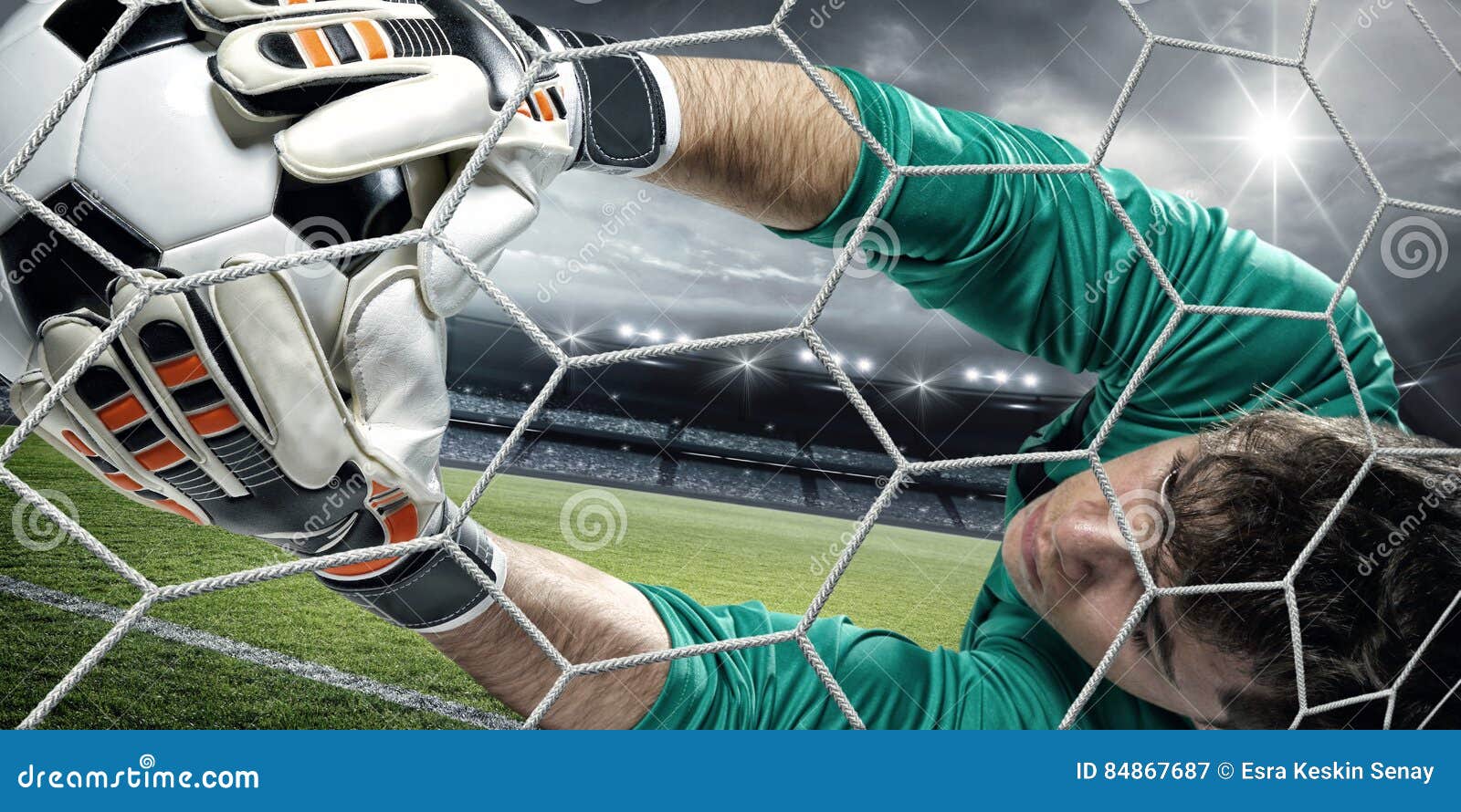 Goalkeeper Catches the Ball in the Stadium Stock Image Image of