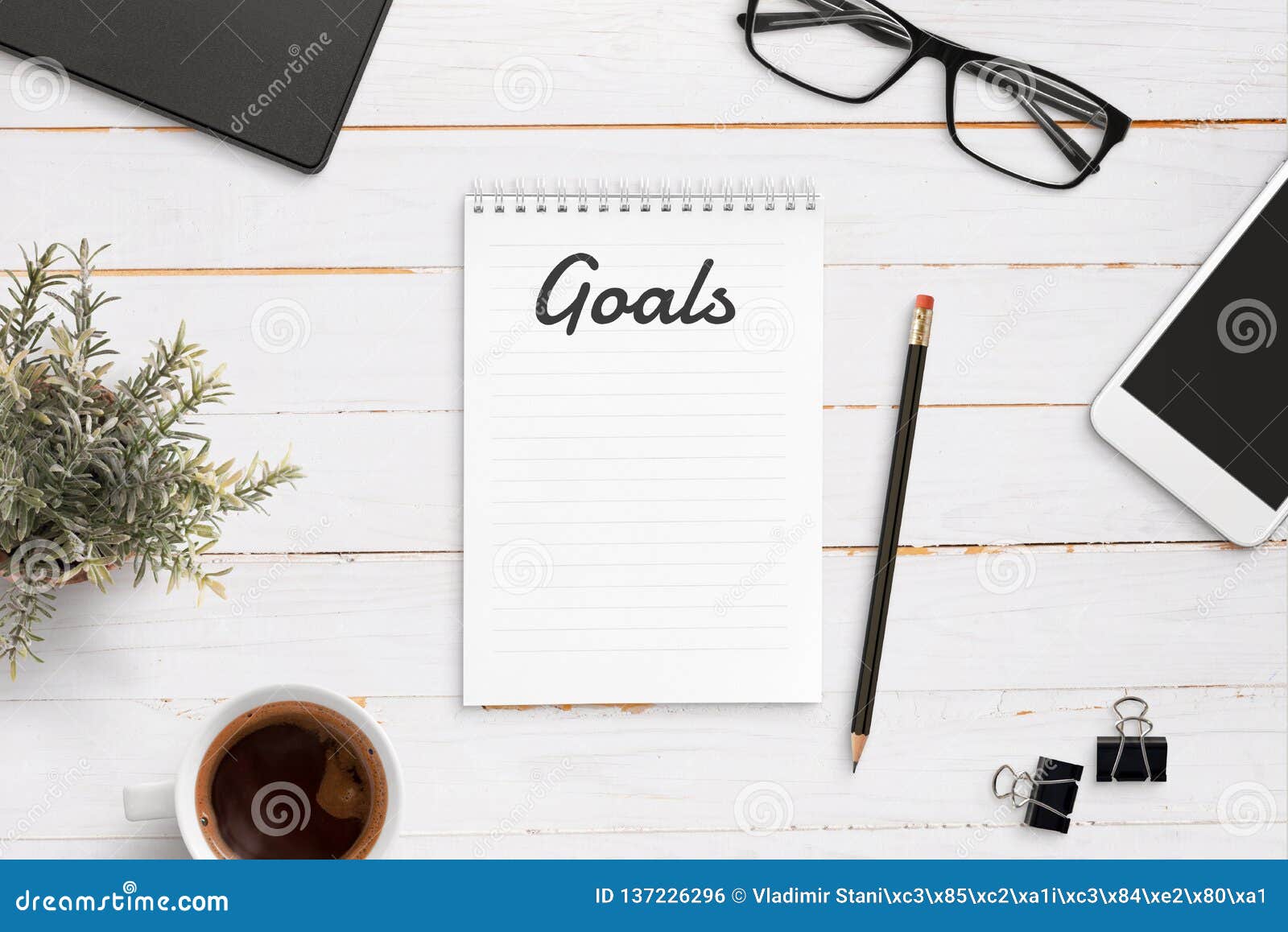 Goals List Notepad Mockup On Office Desk Surrounded With Smart
