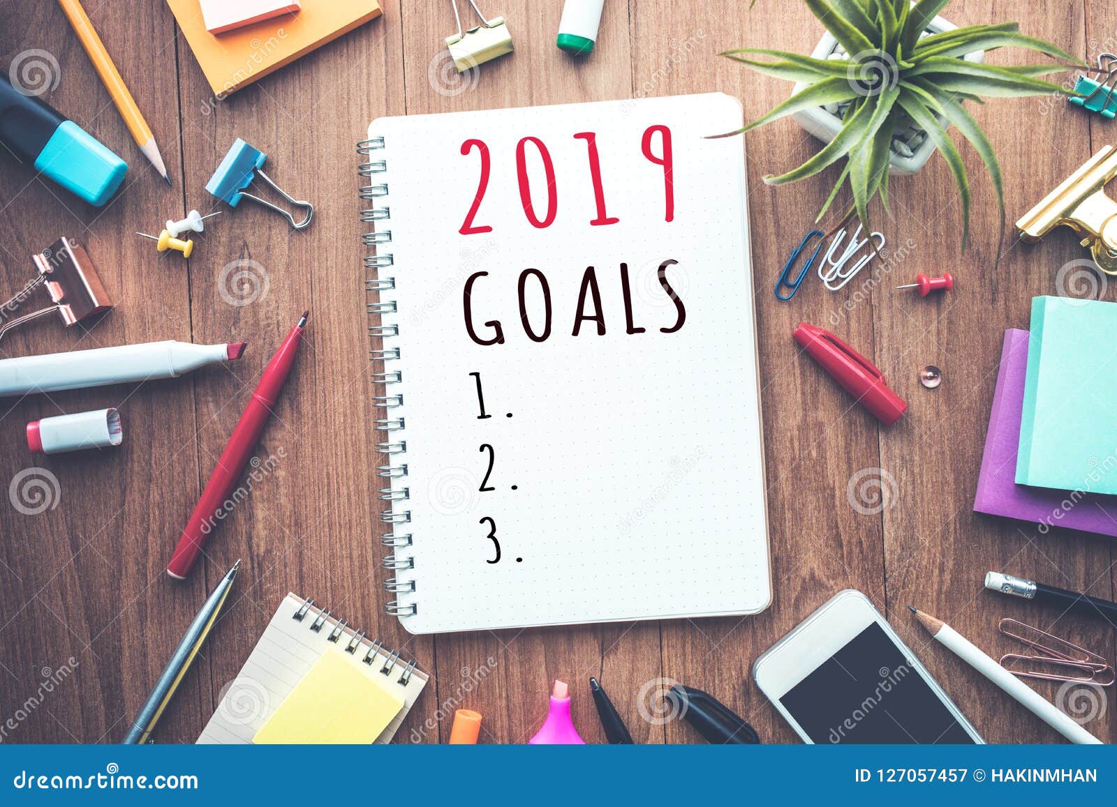 2019 goals text on notepad with office accessories.Business plan