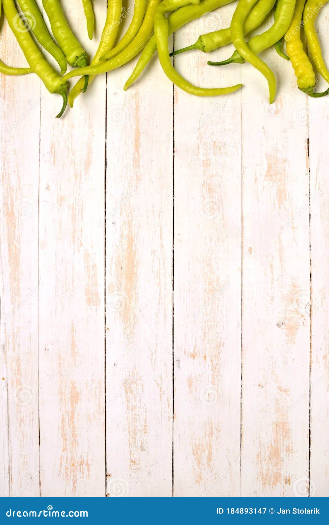 Goat Horn Hot Green Pepper Chilli Upper Frame On Rustic Wooden White Background Top View Copy Space Vertical Photo Stock Image Image Of Plant Nature 184893147
