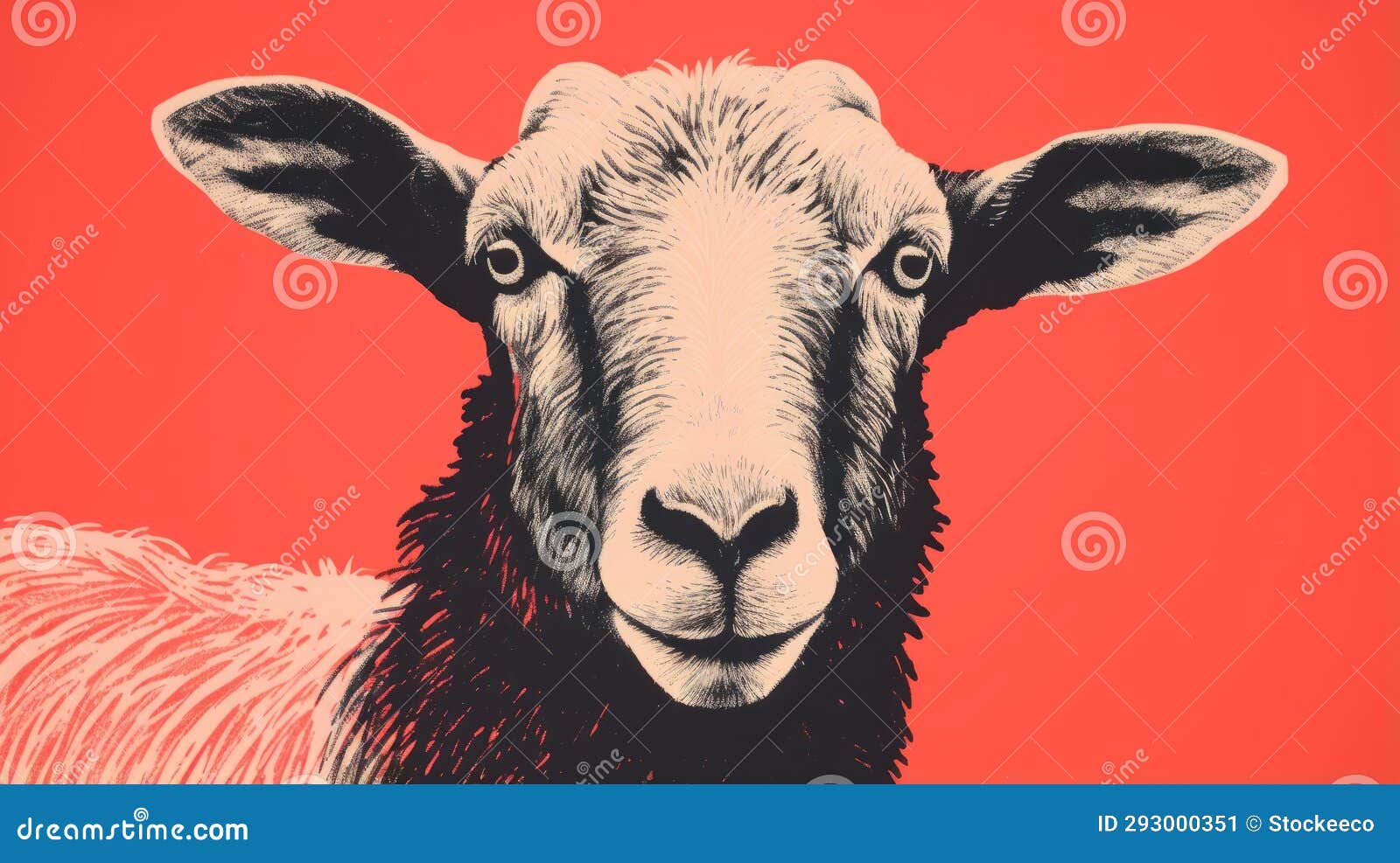 sheep face woodcut-inspired graphic on red background