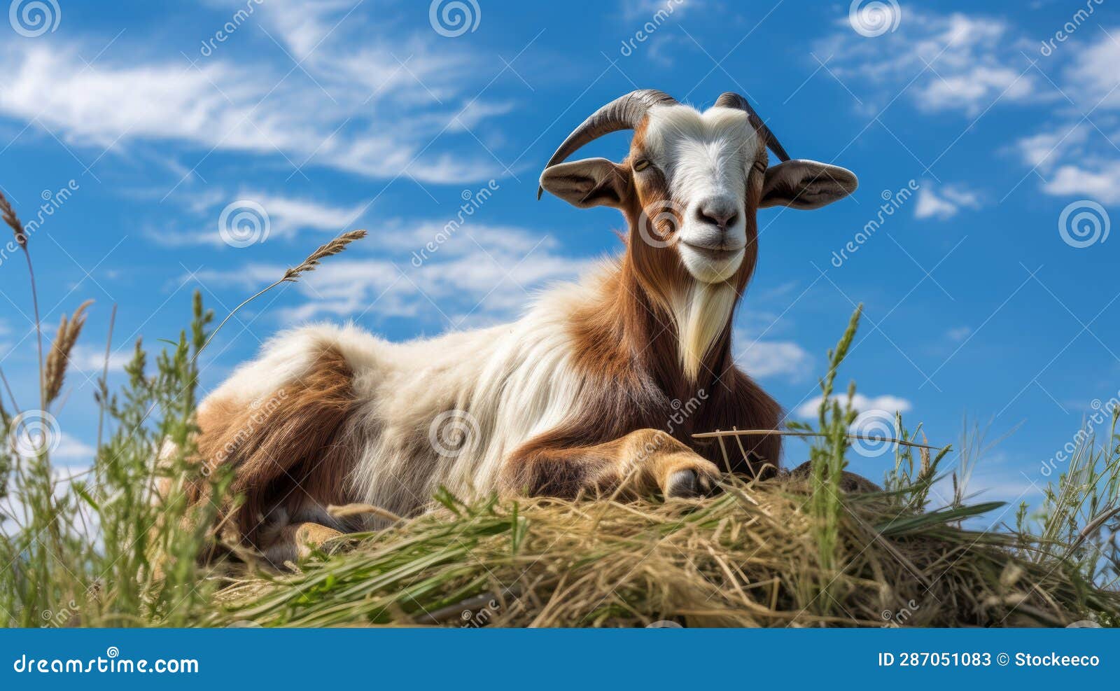 goat resting on rock with tall grass and blue sky