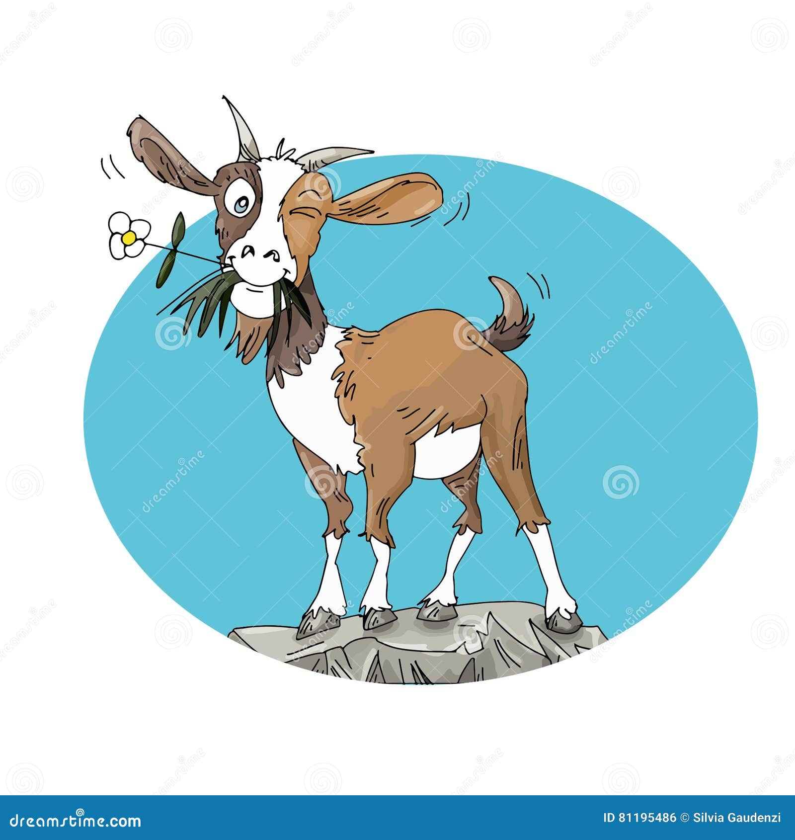 goat with small flower in mouth on rock humorist  for kids