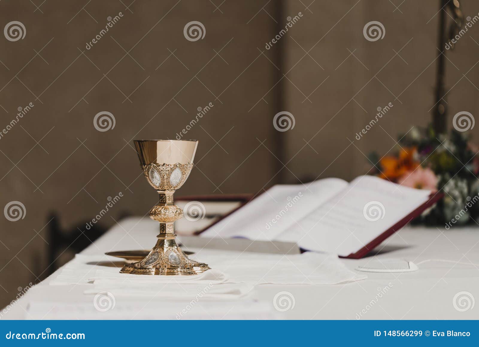 goblet of wine on table during a wedding ceremony nuptial mass. religion concept