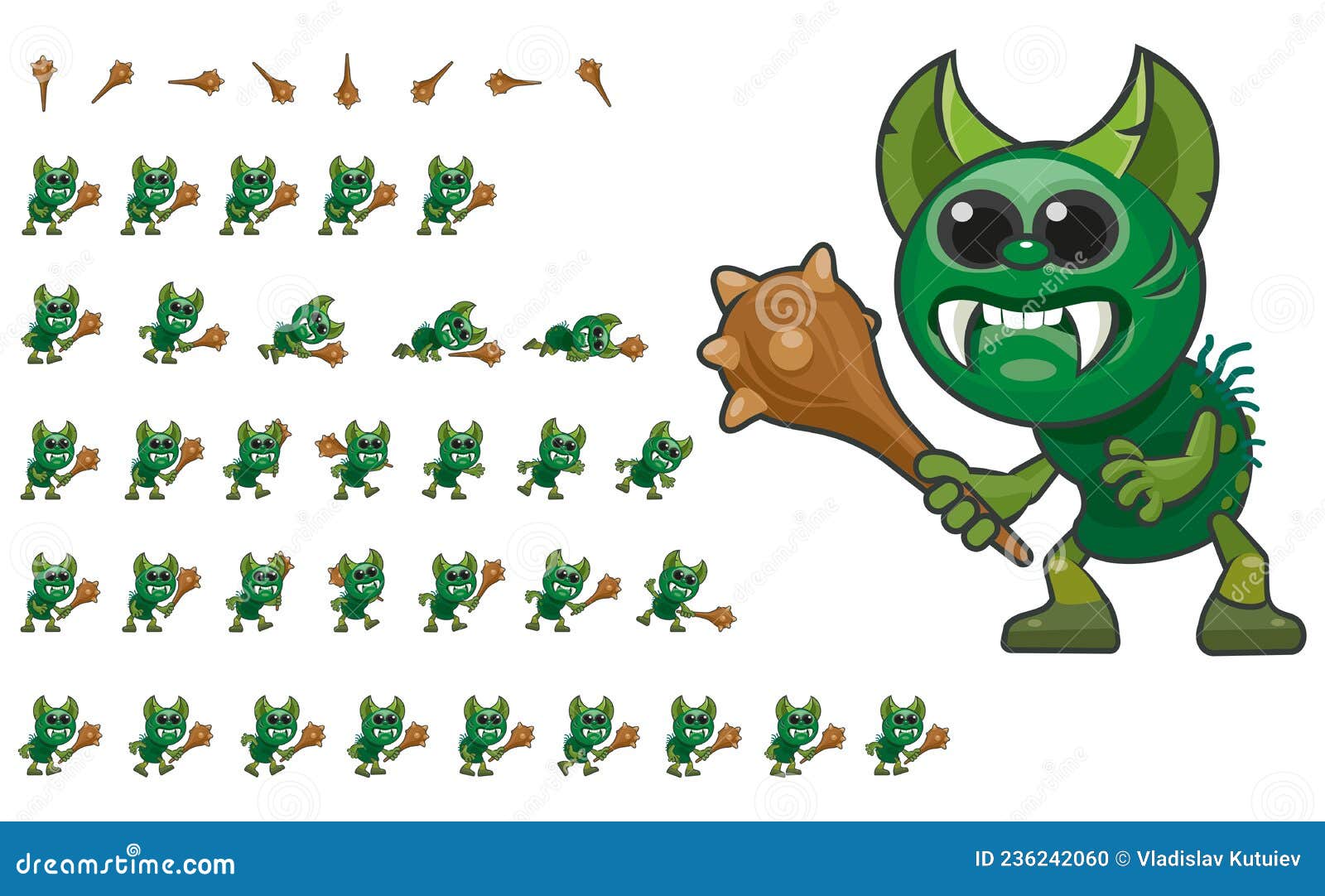 Goblin Armed with a Club. Game Animated Character. Game Sprite Stock Vector  - Illustration of green, fangs: 236242060