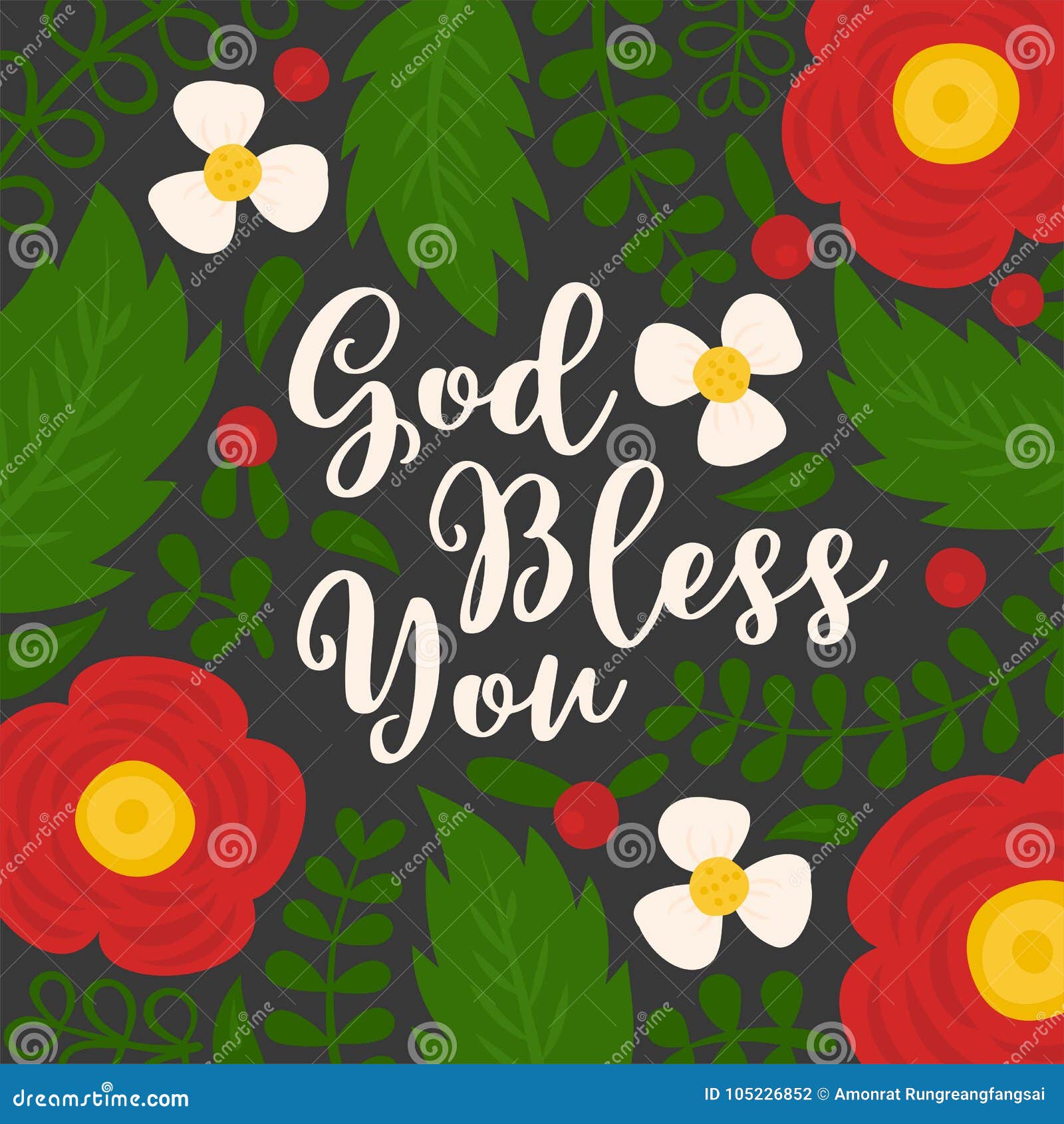 God Bless You Hand Lettering Quote with Floral and Leaves Doodles ...