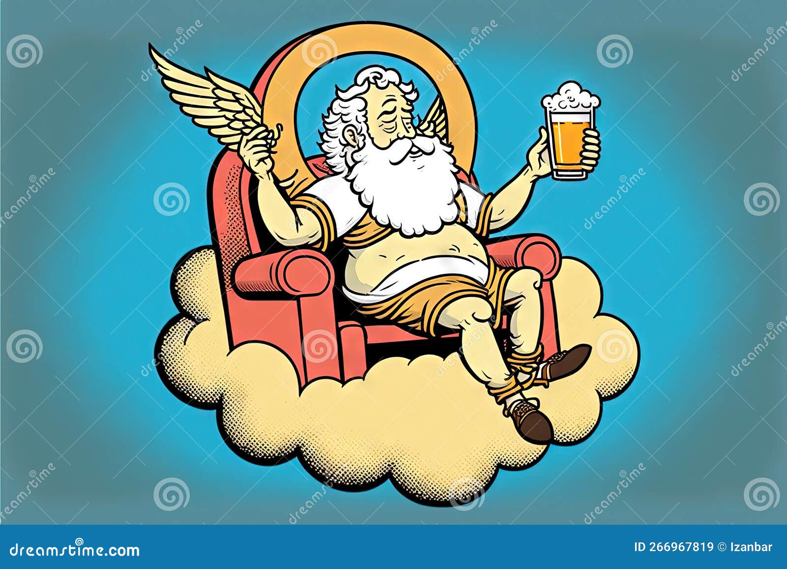 God Drinking a Beer in Paradise while Sitting on a Cloud Illustration Generative Ai Stock