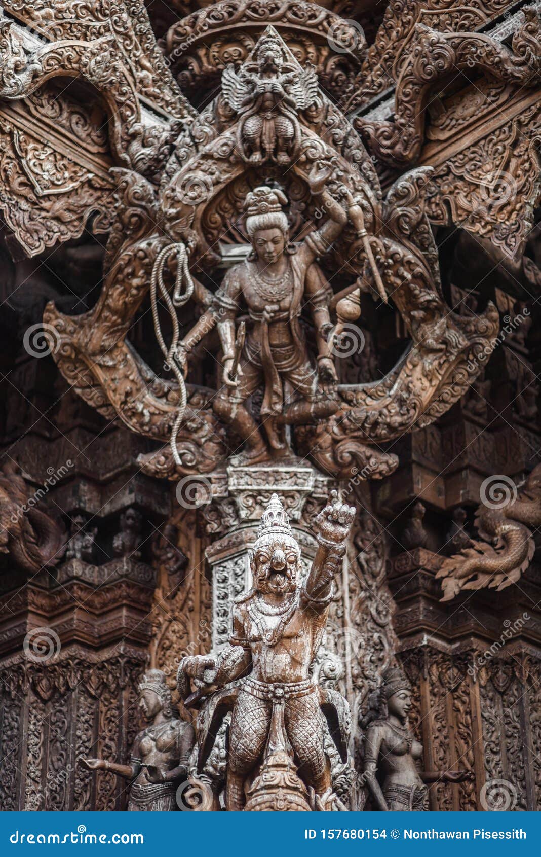 god goddess wood sculpture statue, exterior architecture, sanctuary of truth, thailand