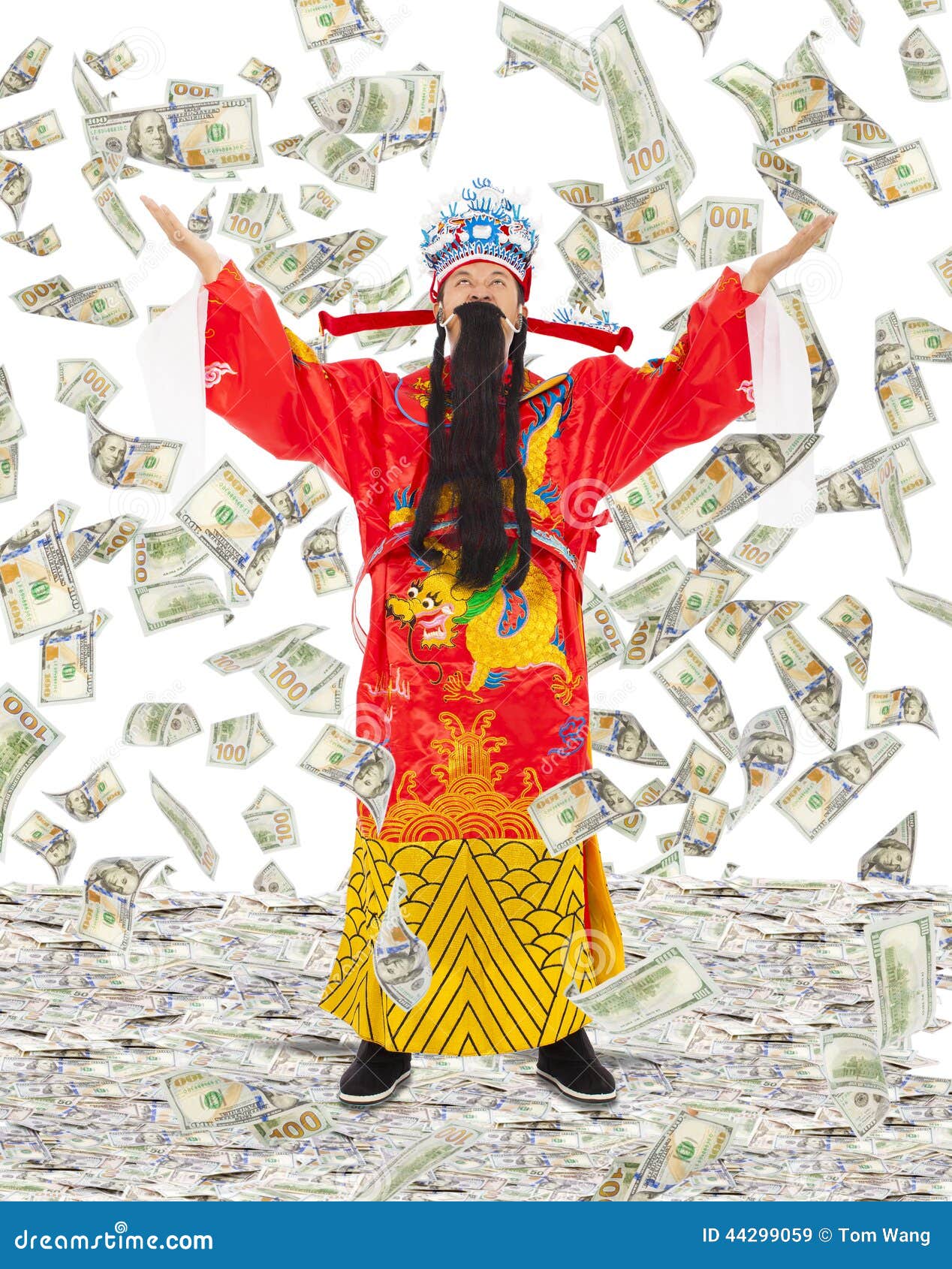 God of Wealth Share Riches and Prosperity with Money Rain Stock Image