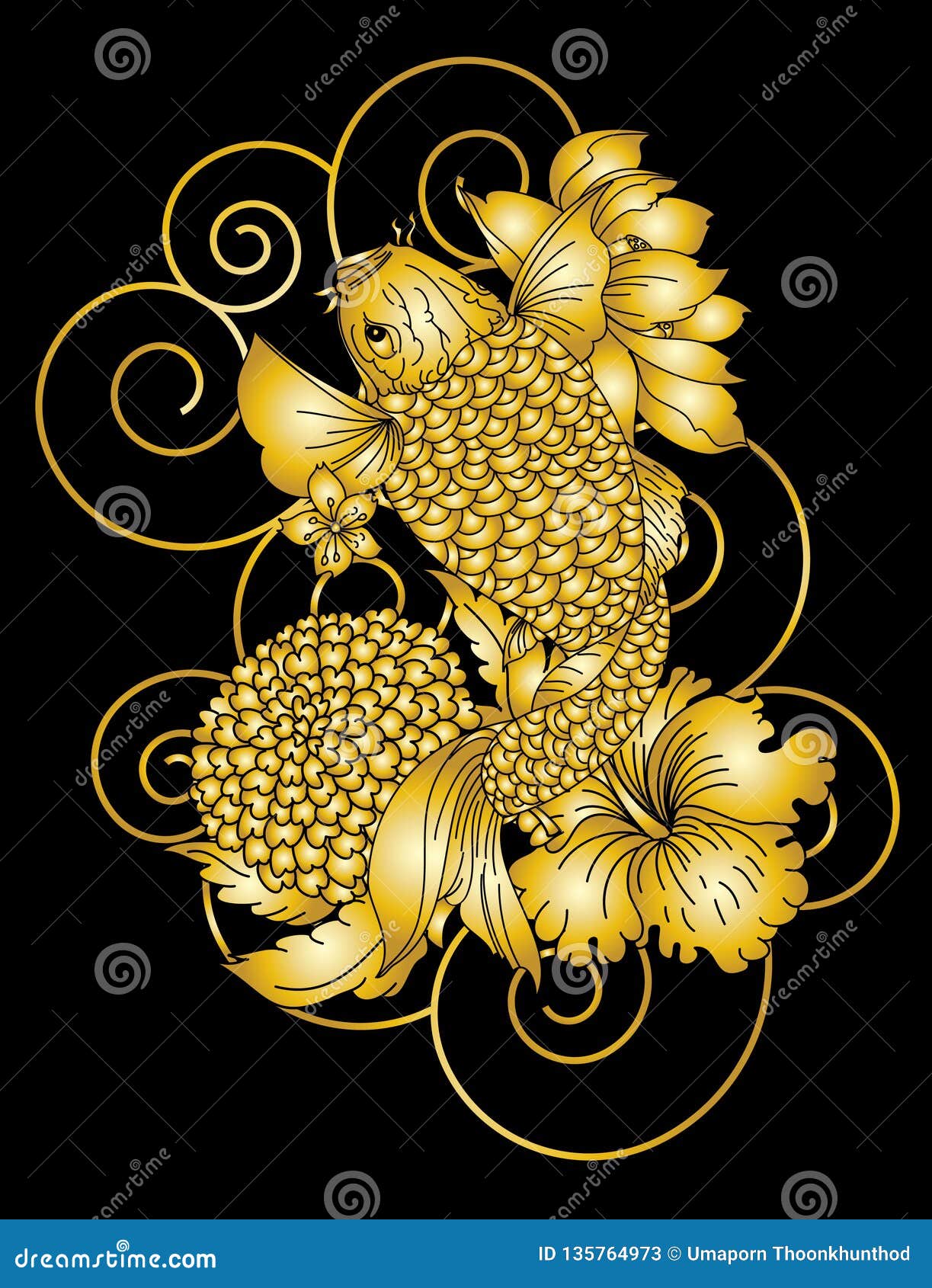 Goden Koi Fish with Lotus Flower and Chrysanthemum Flower Tattoo Style.  Stock Vector - Illustration of tattoo, fish: 135764973