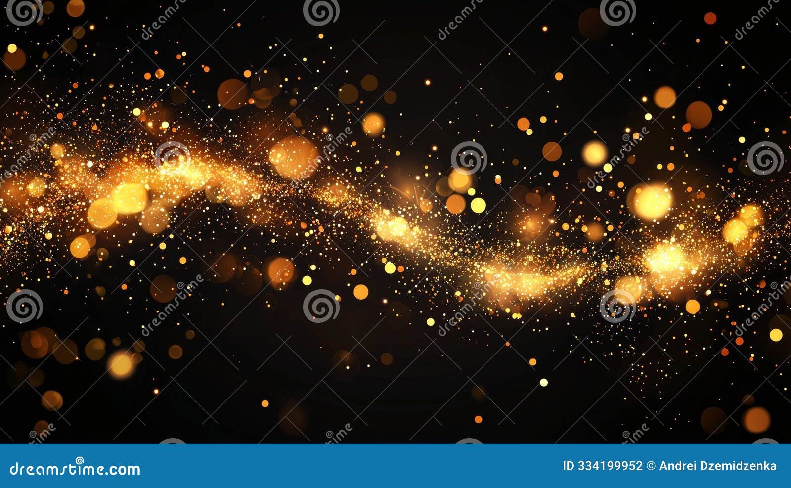 a gold abstract bokeh background is created with real backlit dust particles that are surrounded by a real lens flare.