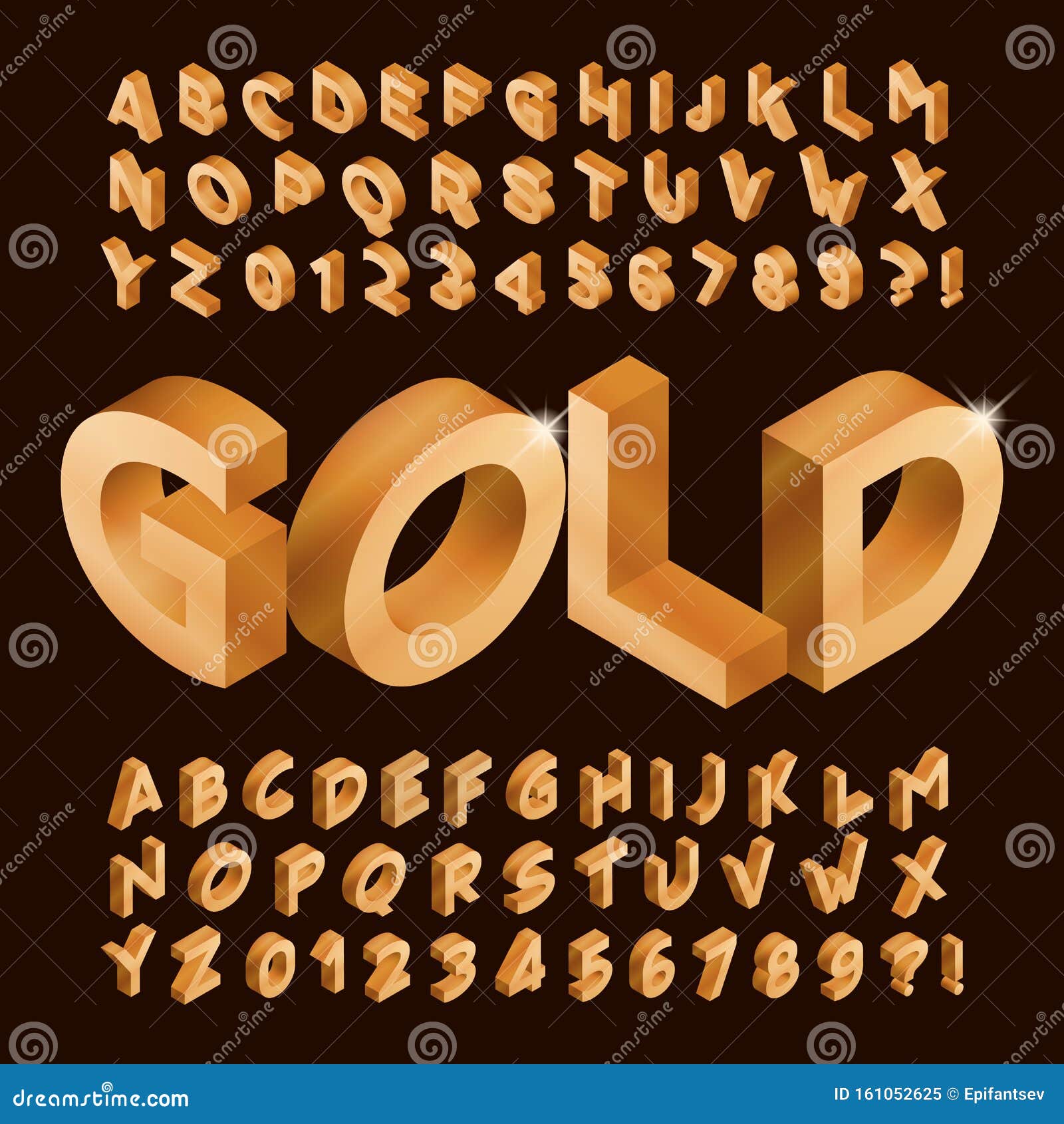 Gold Alphabet Font Isometric Golden Letters And Numbers Stock Vector