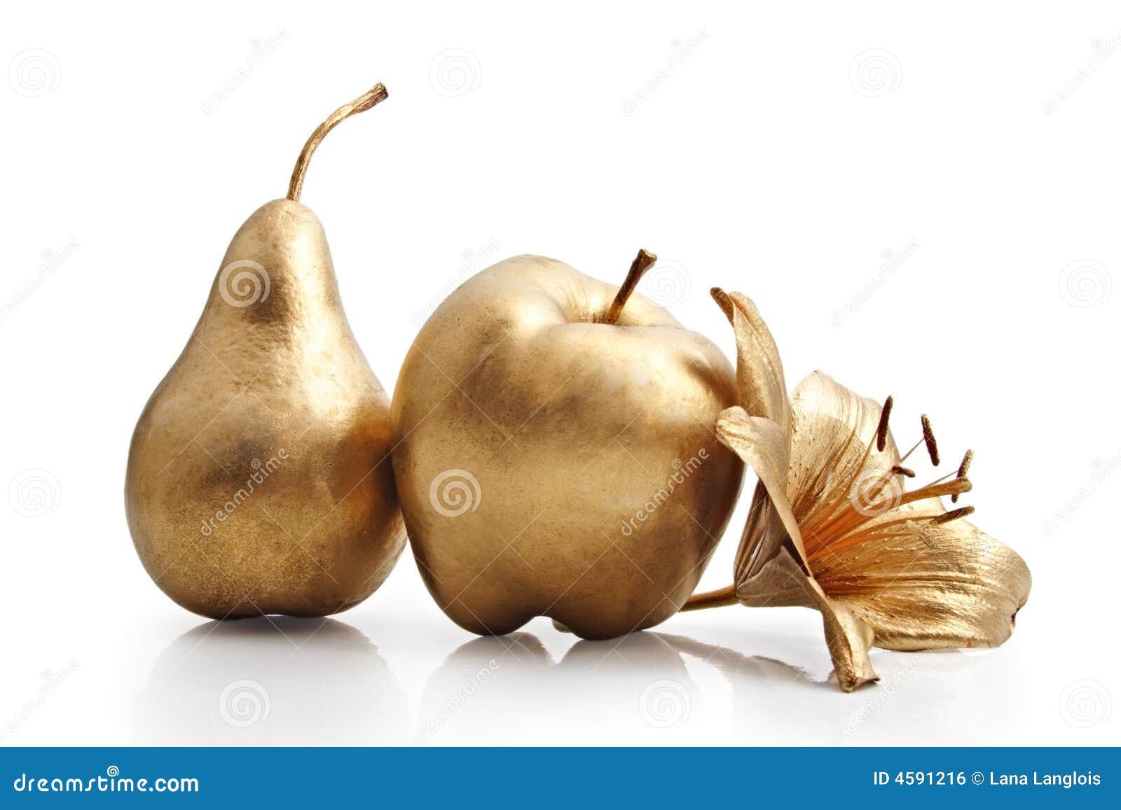 Gold Apple, Pear and Flower Stock Photo Image of bright, metallic