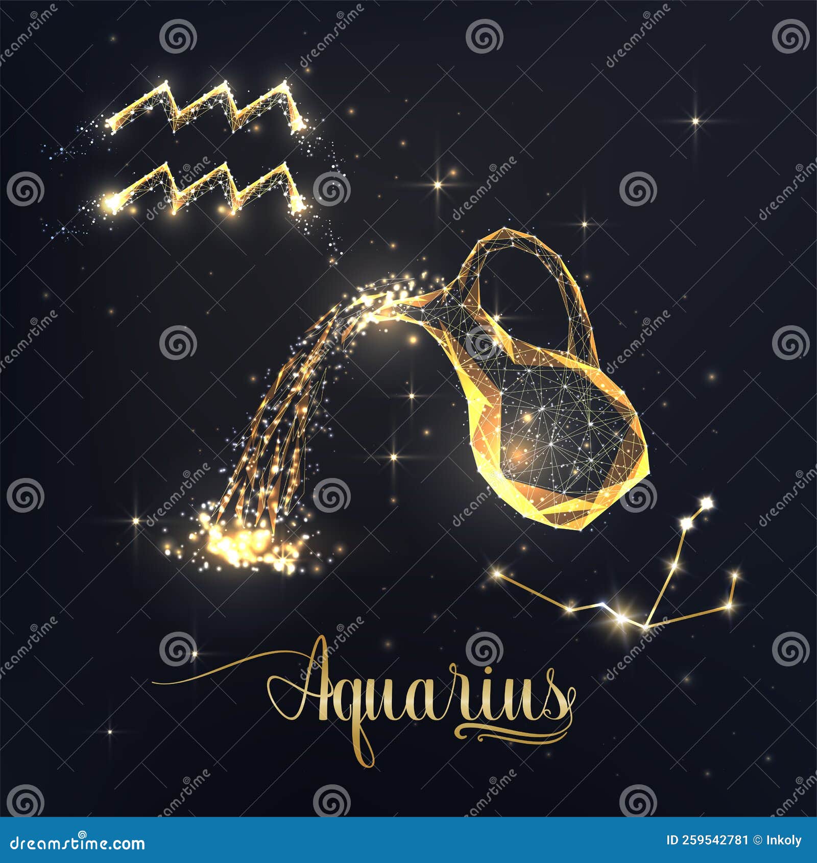 Gold Aquarius Zodiac Sign Poster with Jug Zodiac Figure, Symbol Glyph ...