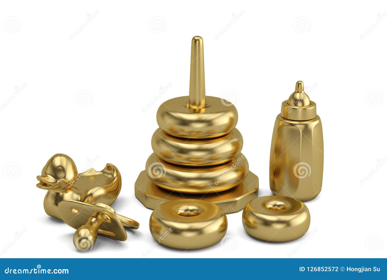 Gold Baby Items on White Background 3D Illustration. Stock Illustration