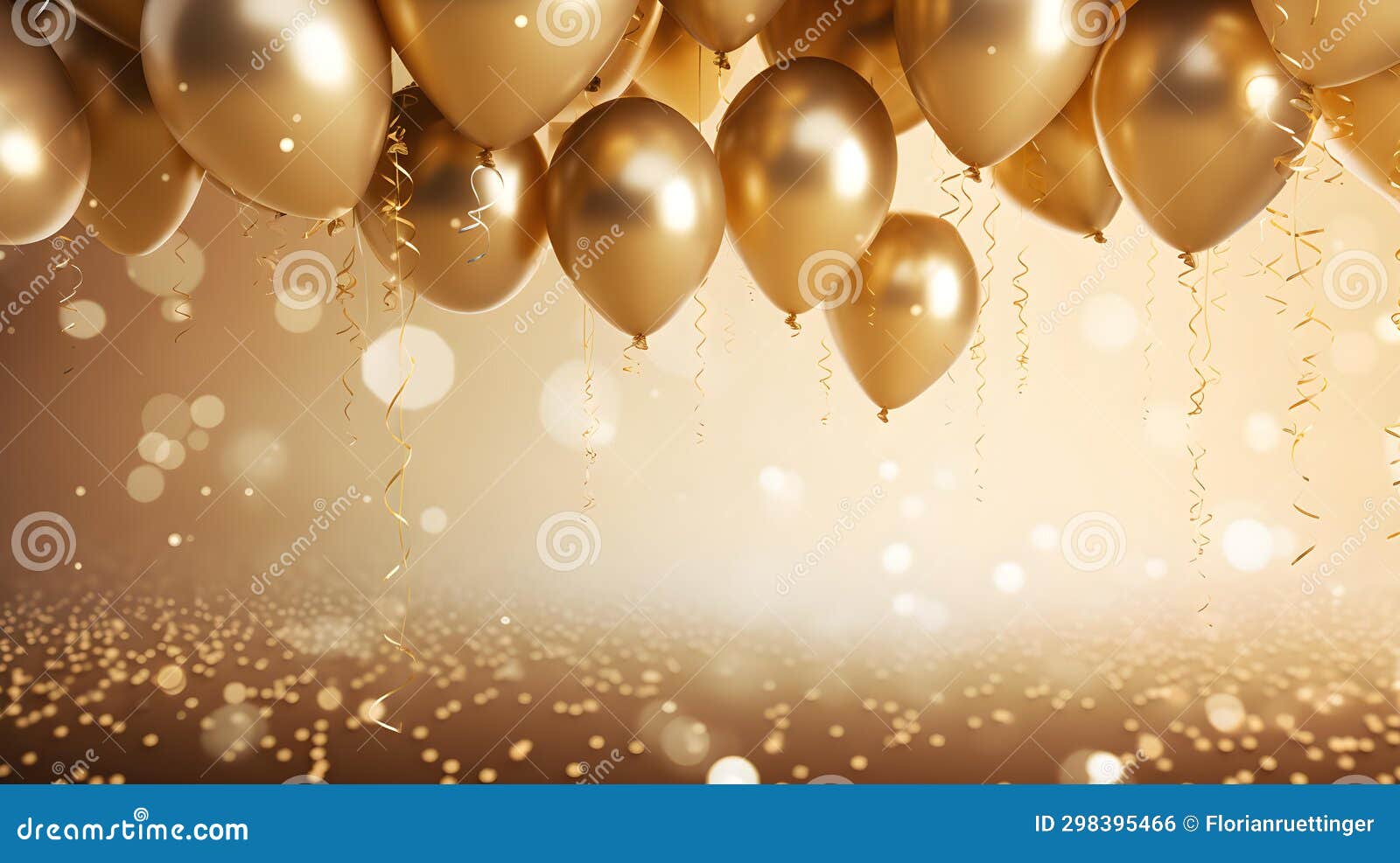 Gold Balloons in Front of a Bokeh Background. Festive Template for
