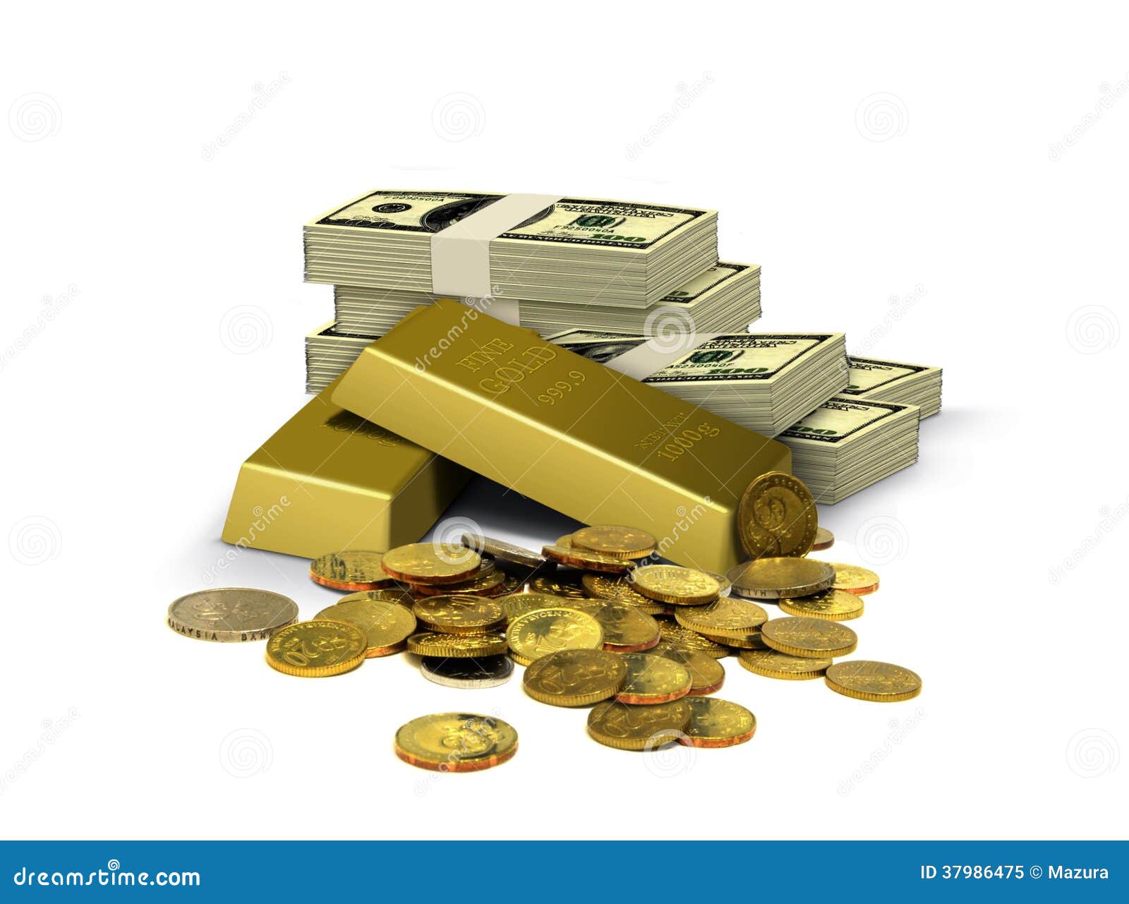 Gold Bar with Currency Notes and Coins Stock Image Image of dollar