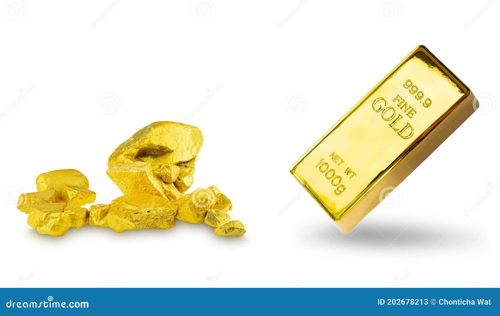 gold bar 1kg and group of the precious gold nugget