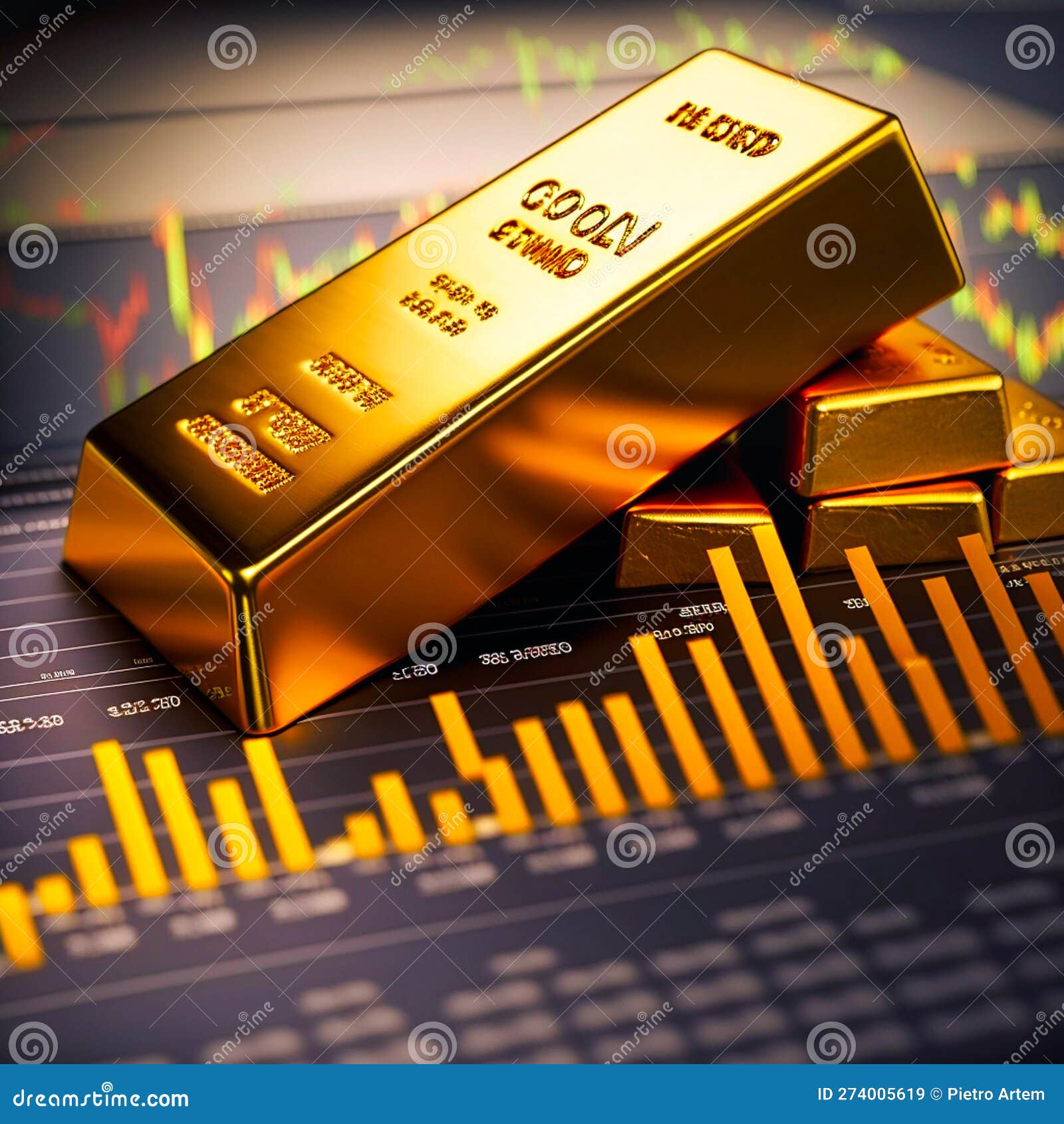 Gold Bar Resting on a Stocks and Shares Graph, Generative AI Stock Illustration Illustration