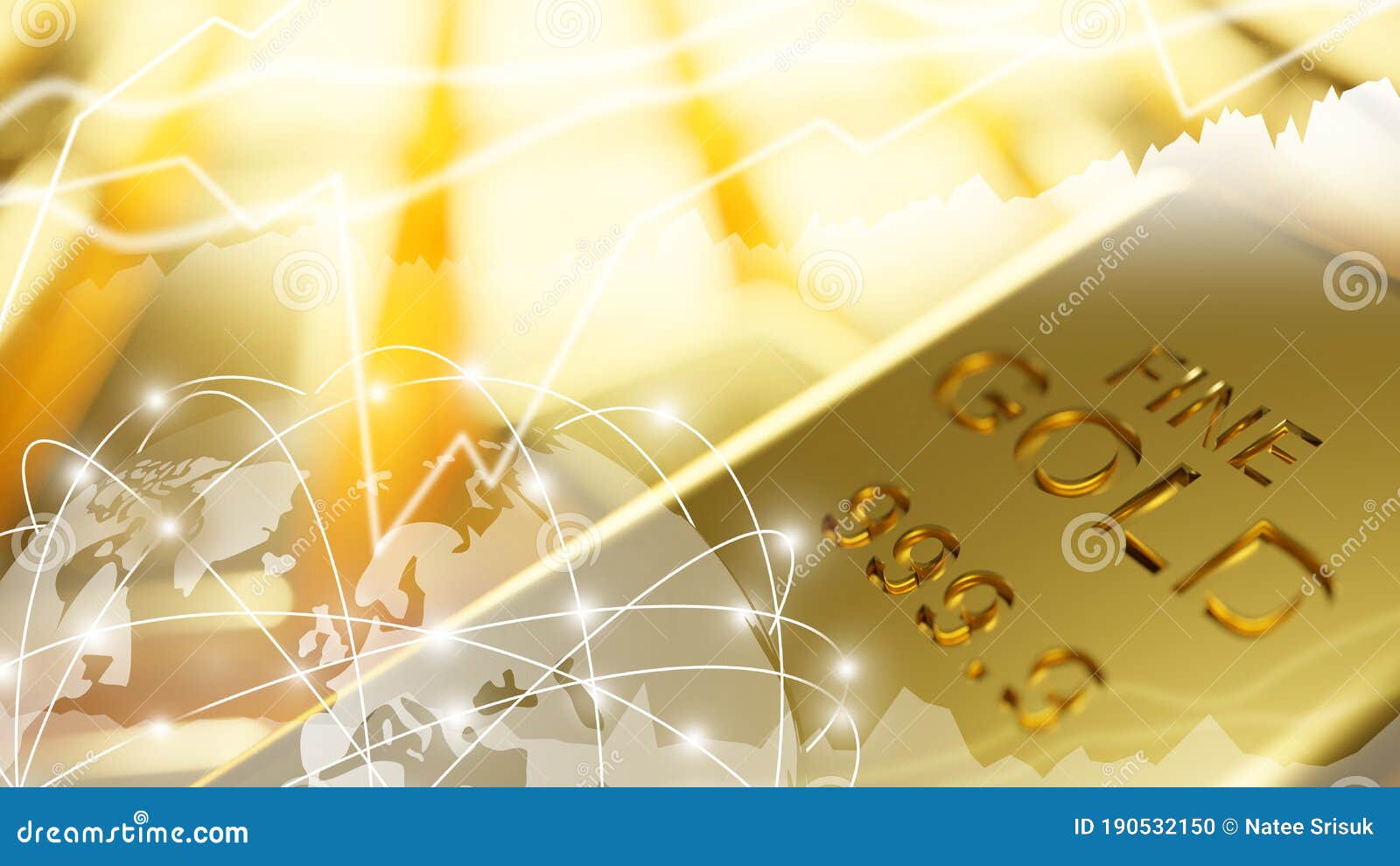 Gold Bar Stock Market with Graph and Chart 3D Render Stock Illustration