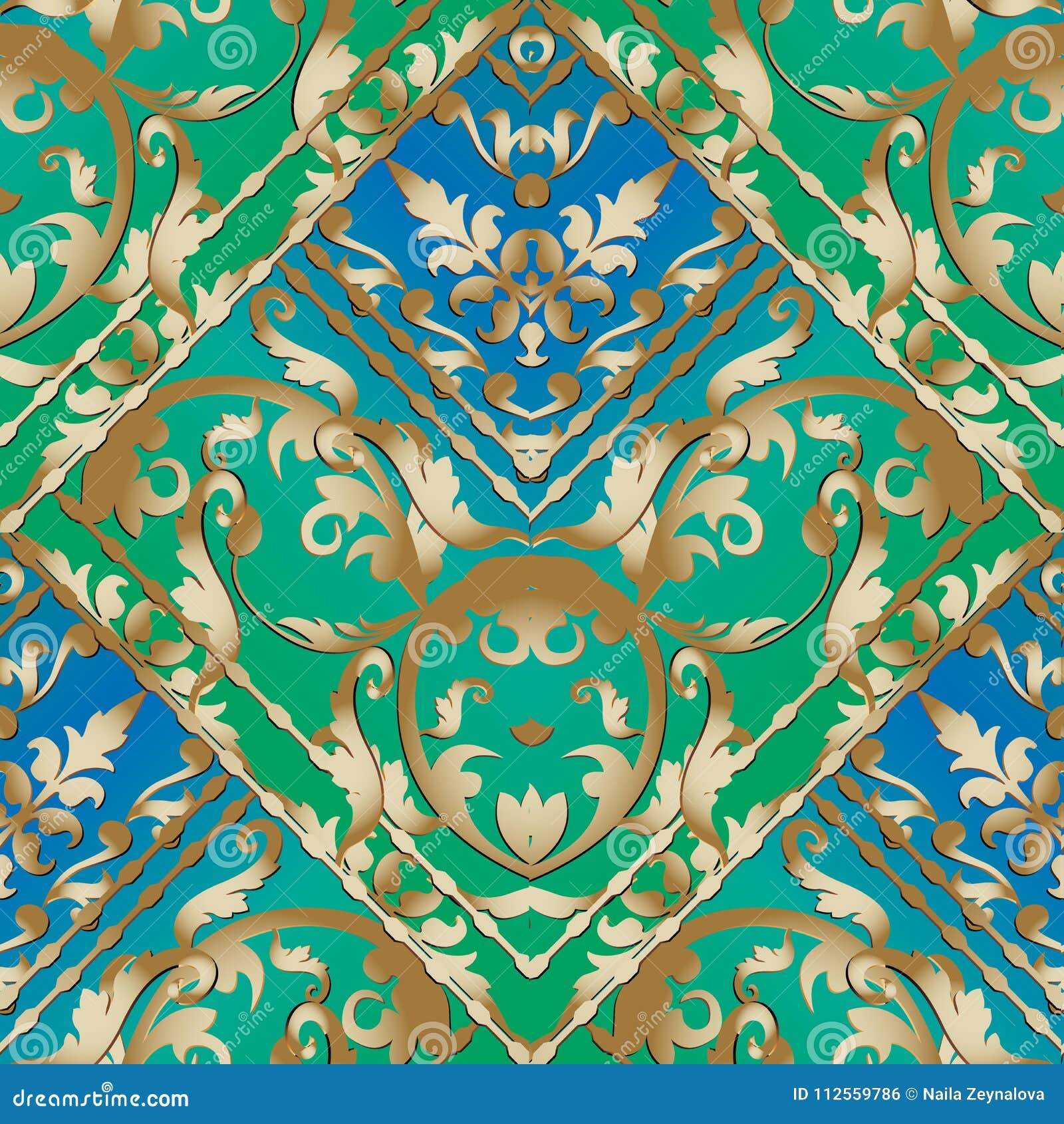 Gold Baroque Striped Seamless Pattern. Blue and Green Floral Vector ...