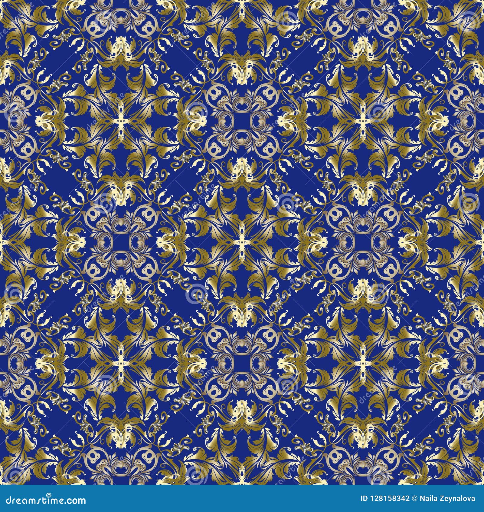 Gold Baroque Vector Seamless Pattern. Dark Blue Ornamental Antique ...