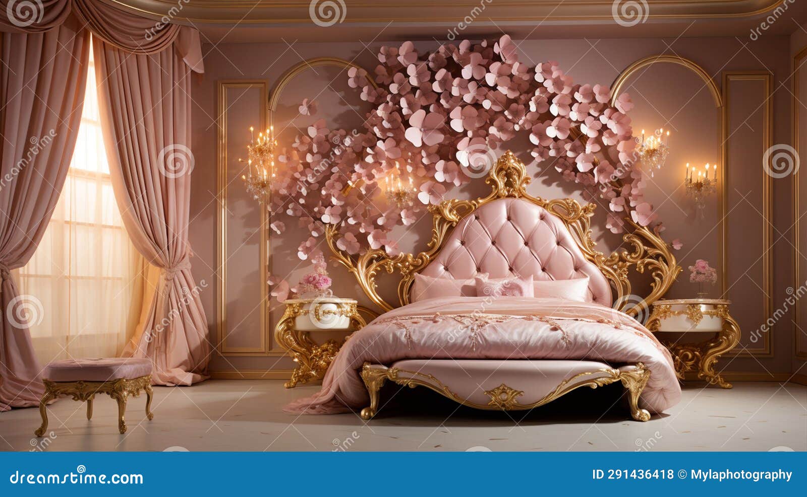 gold leaf bed adorned with pink flowers