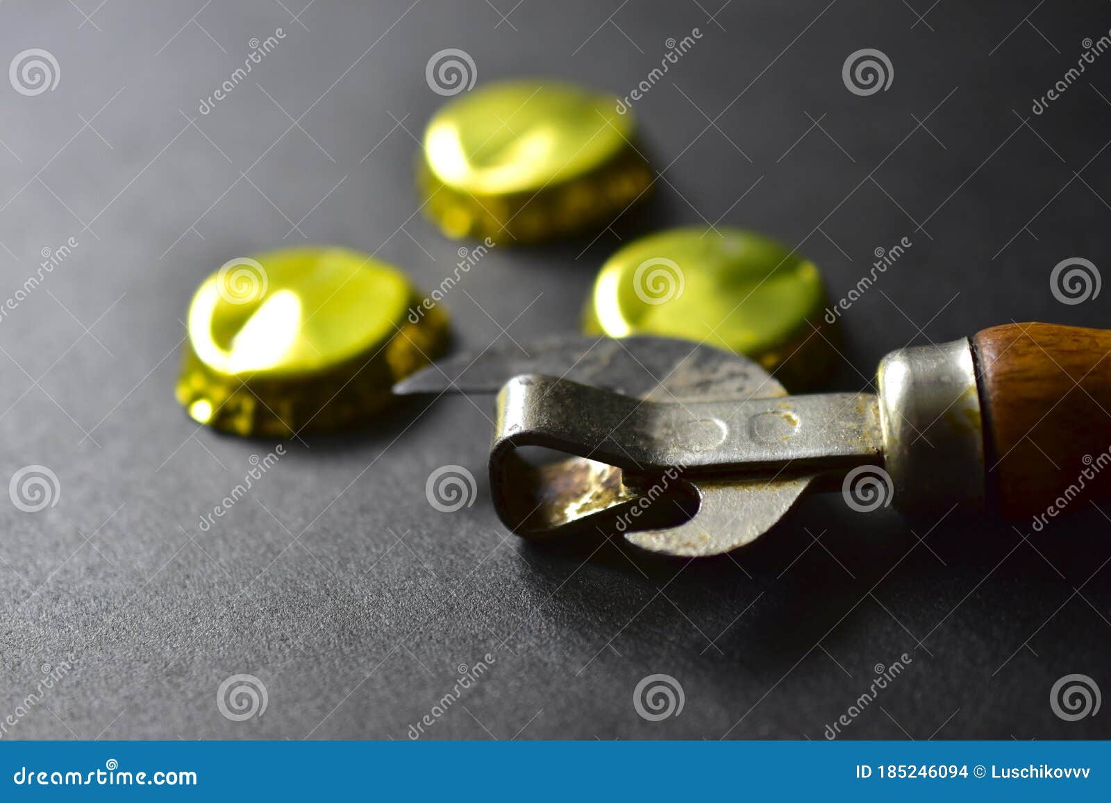 Gold Beer Bottle Caps and Bottle Opener Stock Photo Image of blank