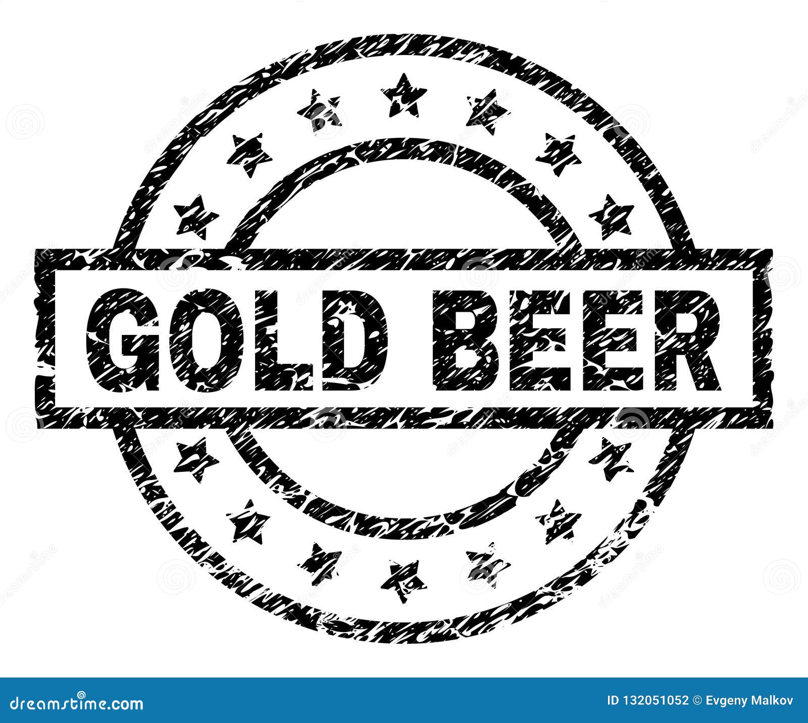 Scratched Textured GOLD BEER Stamp Seal. GOLD BEER stamp seal watermark with distress style. Designed with rectangle, circles and stars. Black vector rubber print of GOLD BEER text with dirty texture.