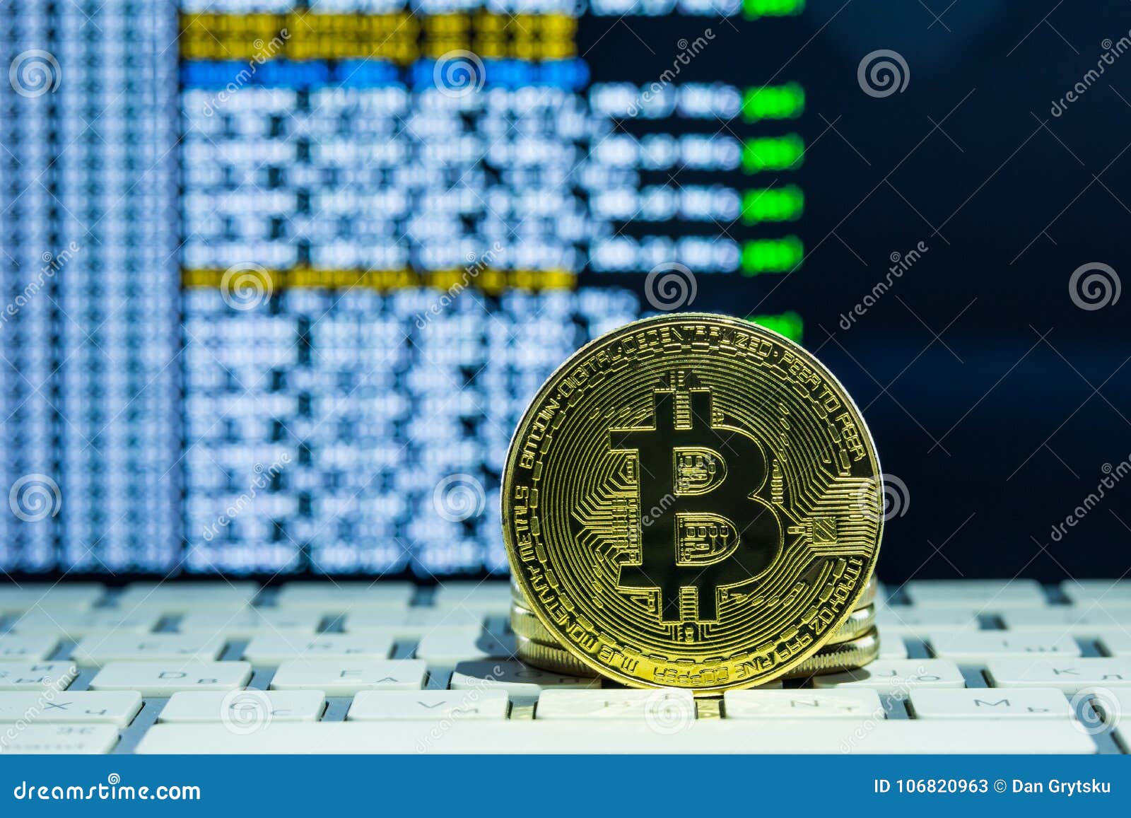 Gold Bitcoin Coins On A Background Of Stock Market Mining ...