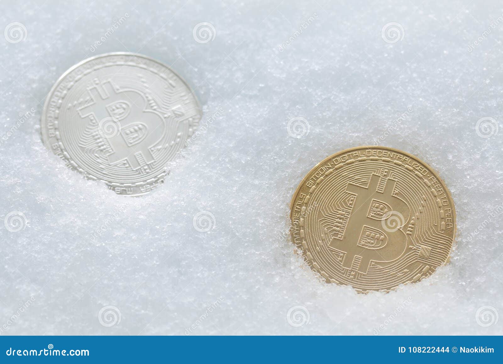 Gold Bitcoin On Cold Winter Snow Background Stock Photo ...
