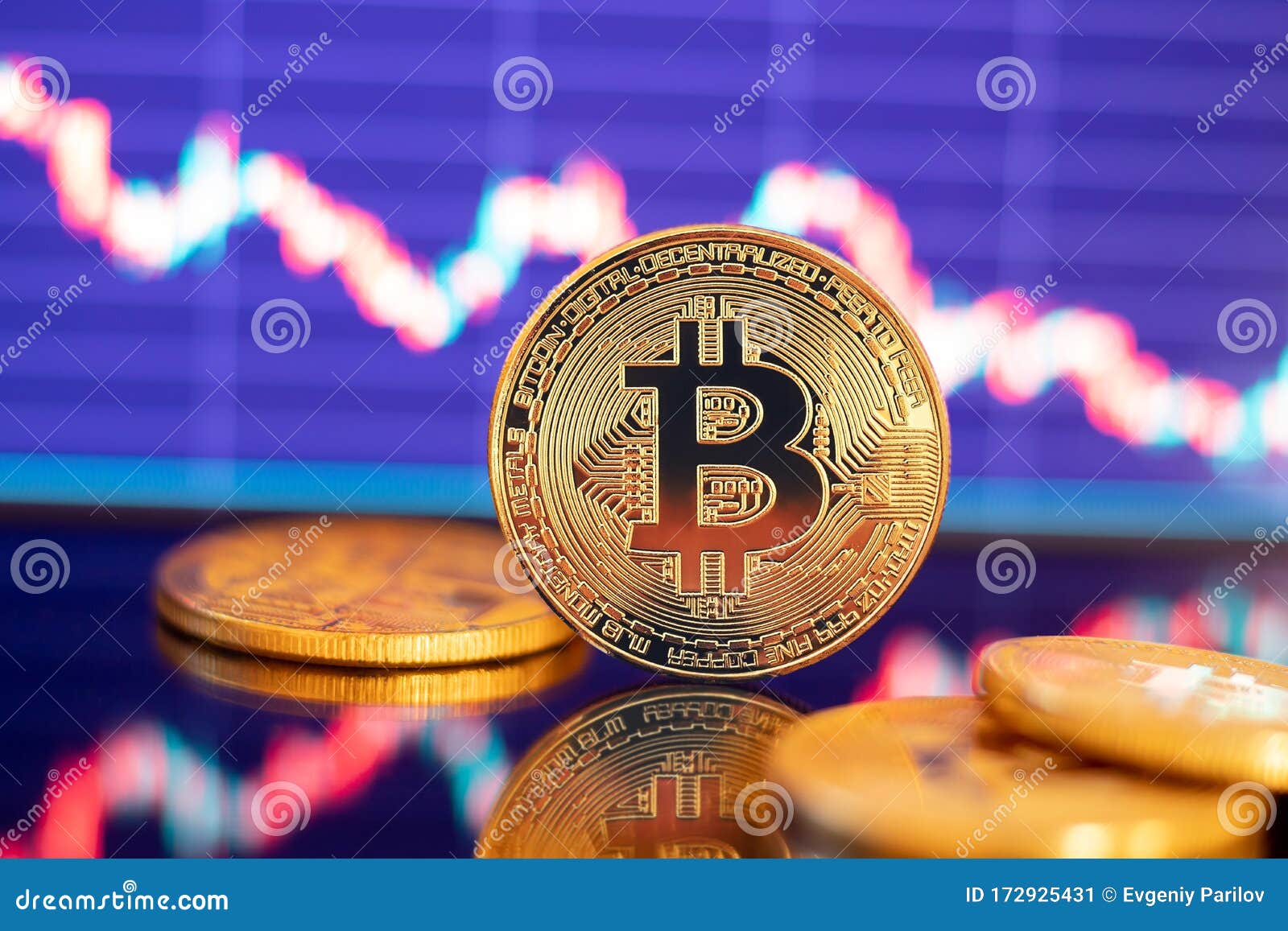 Gold Bitcoin Crypto Currency On Background Of Red Candles ...