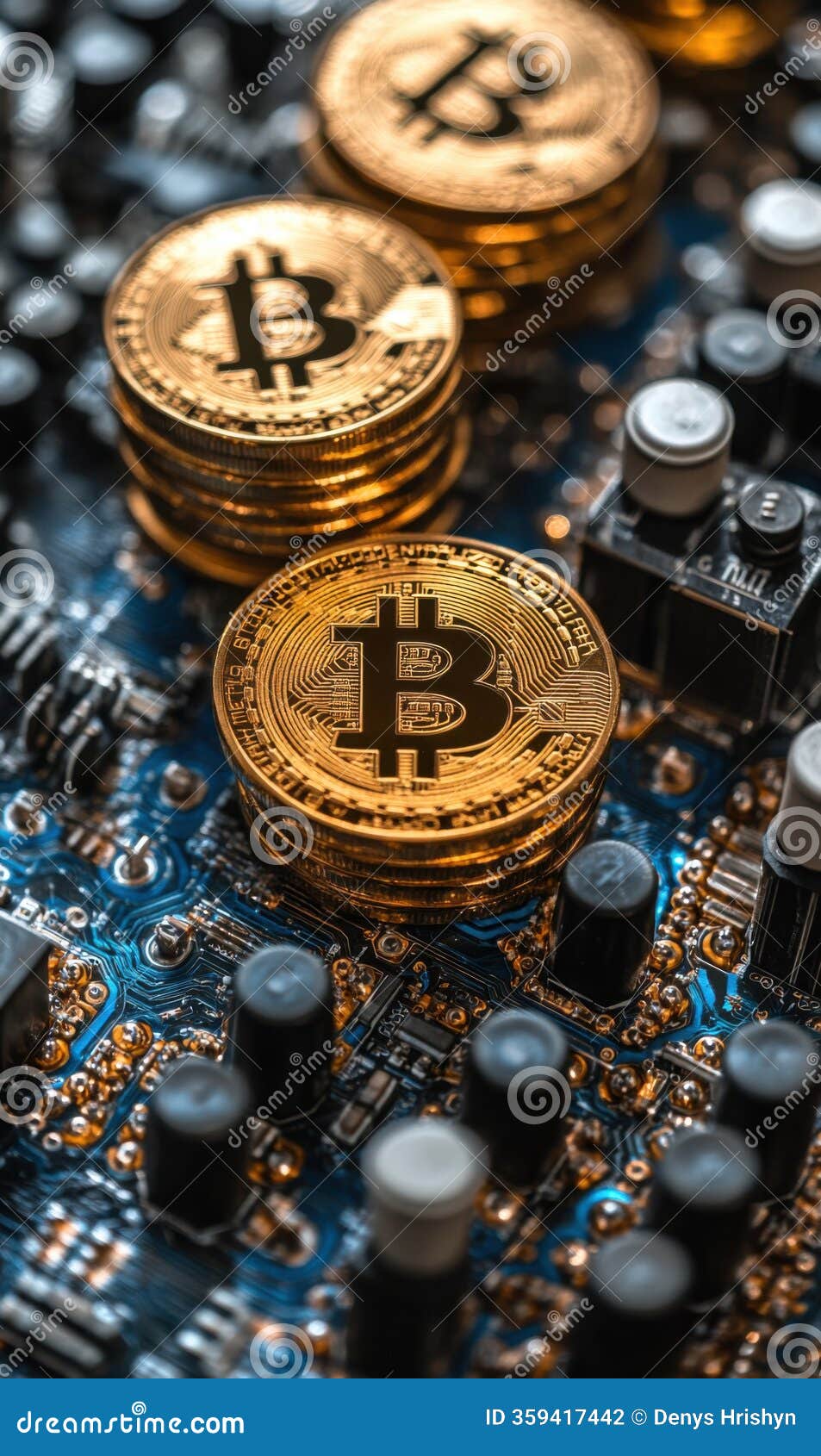 Gold Bitcoins Stacked on a Circuit Board in a Tech Environment Stock Photo  - Image of investment, bitcoin: 359417442