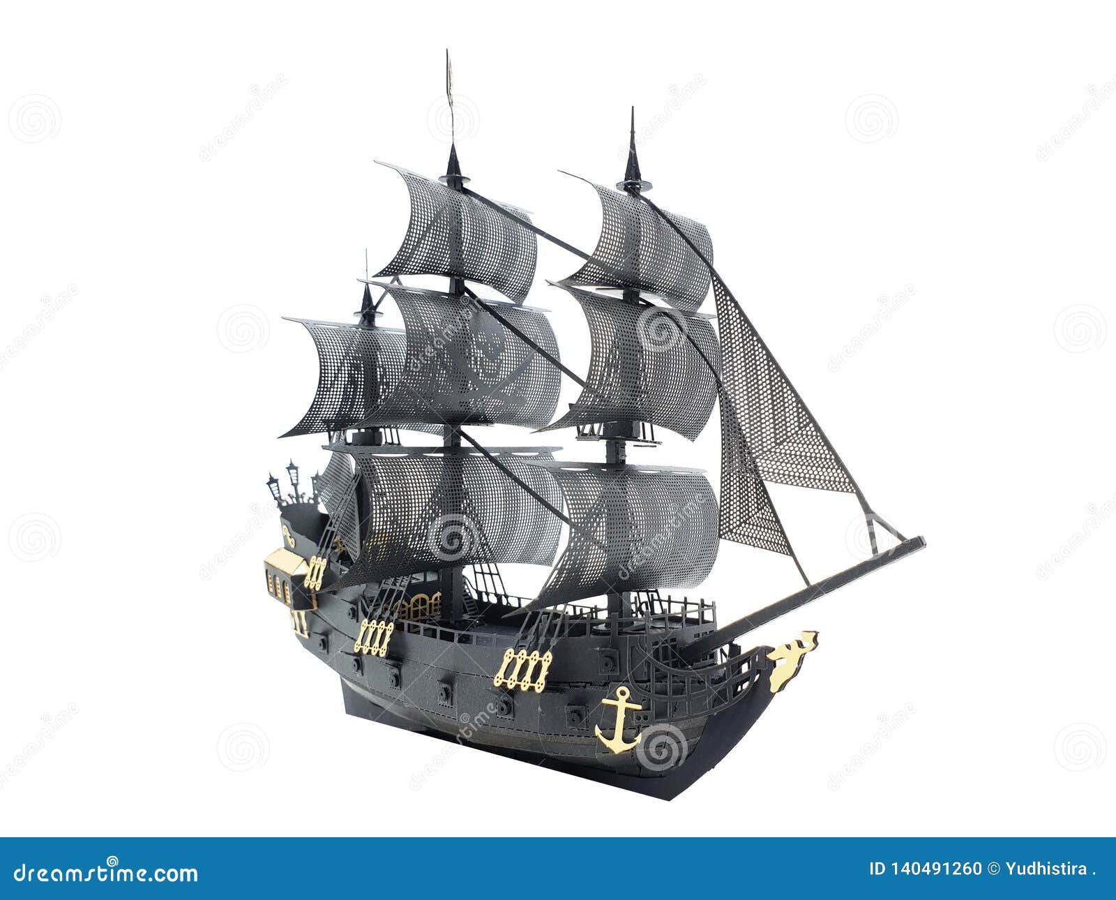 gold and black color ship classic model in white  background
