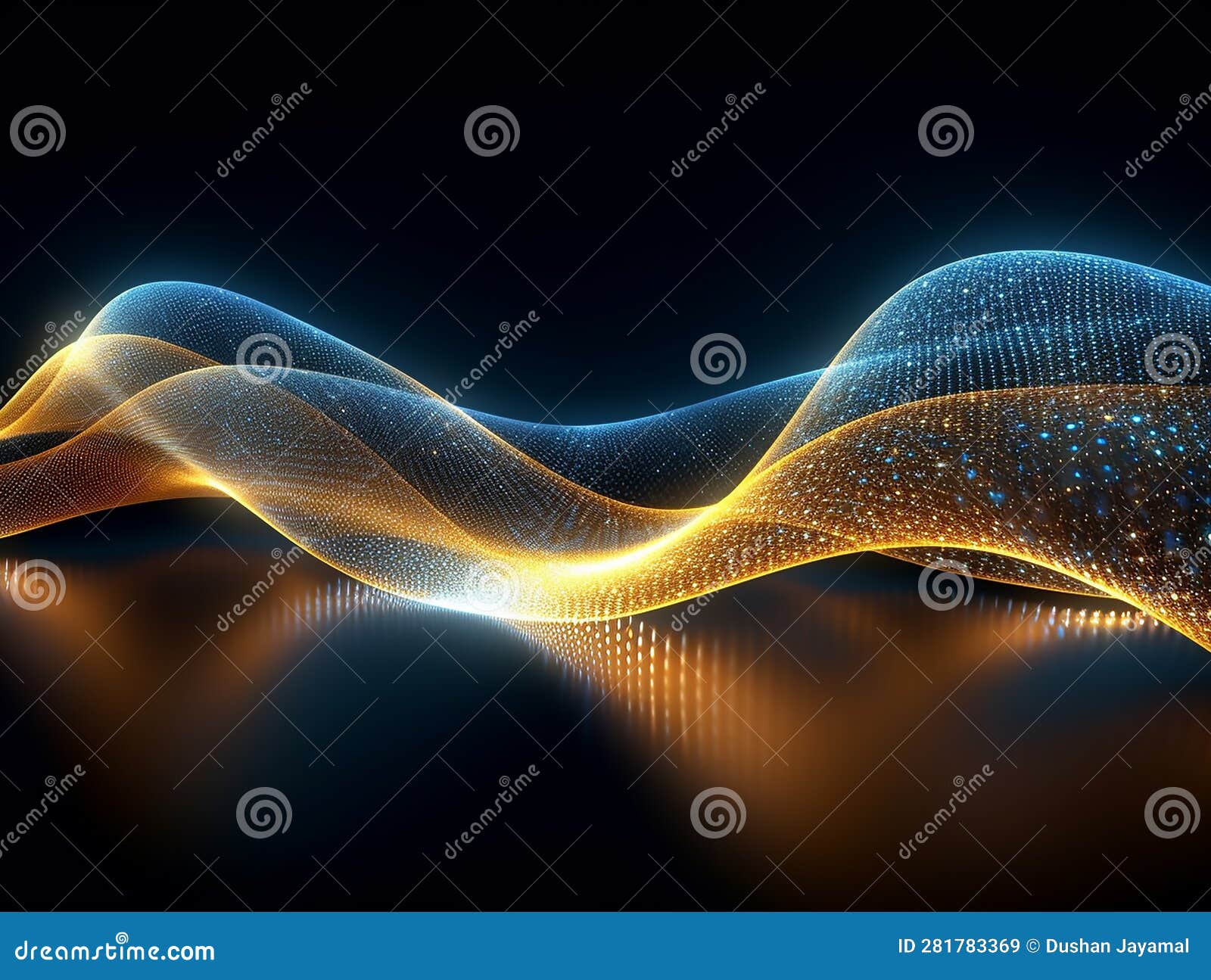 Gold Blue Glow Waves, in the Style of Dotted, 3d Space, Abstract Blue