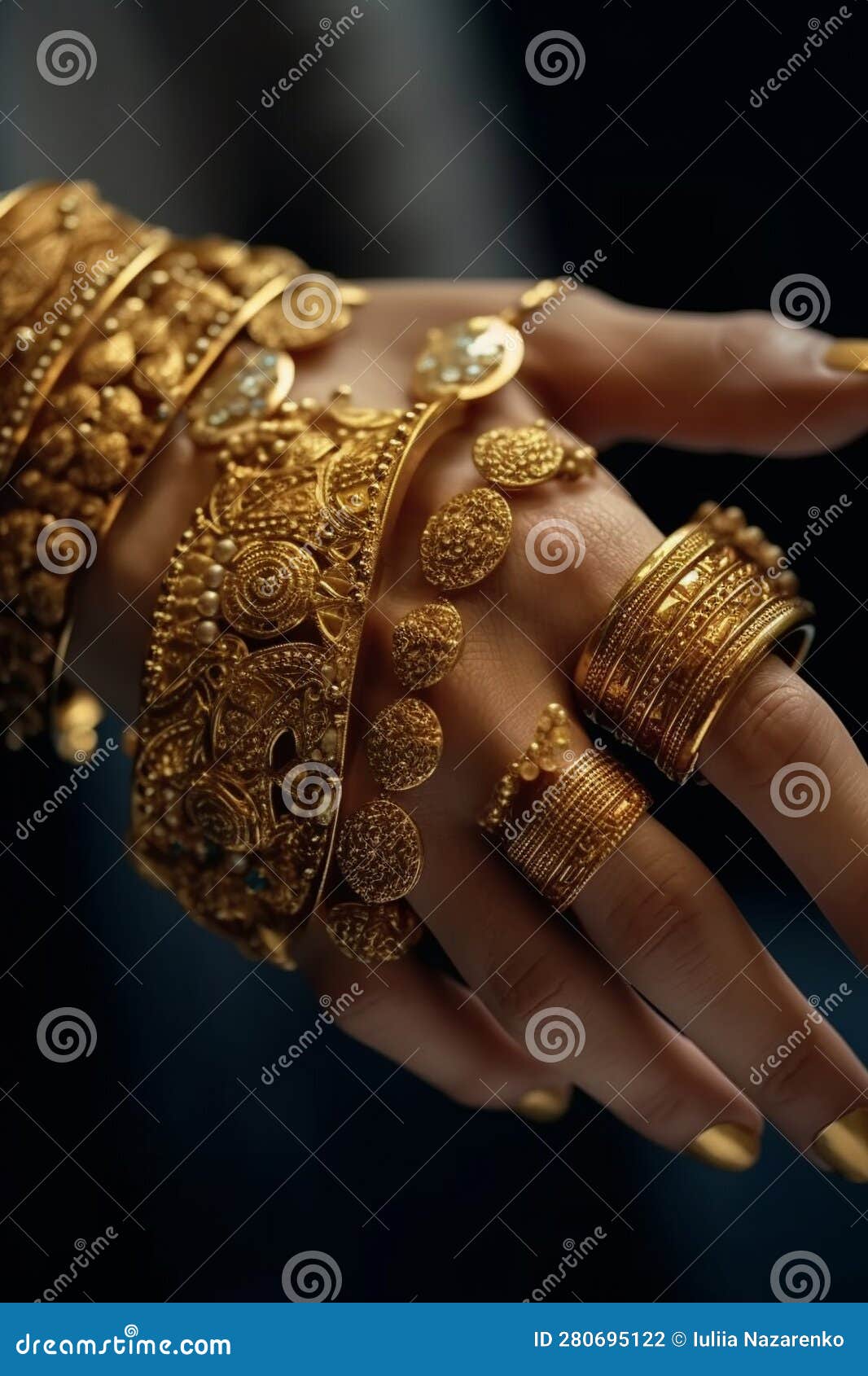 Gold Bracelets on the Hands. AI Generated Stock Illustration