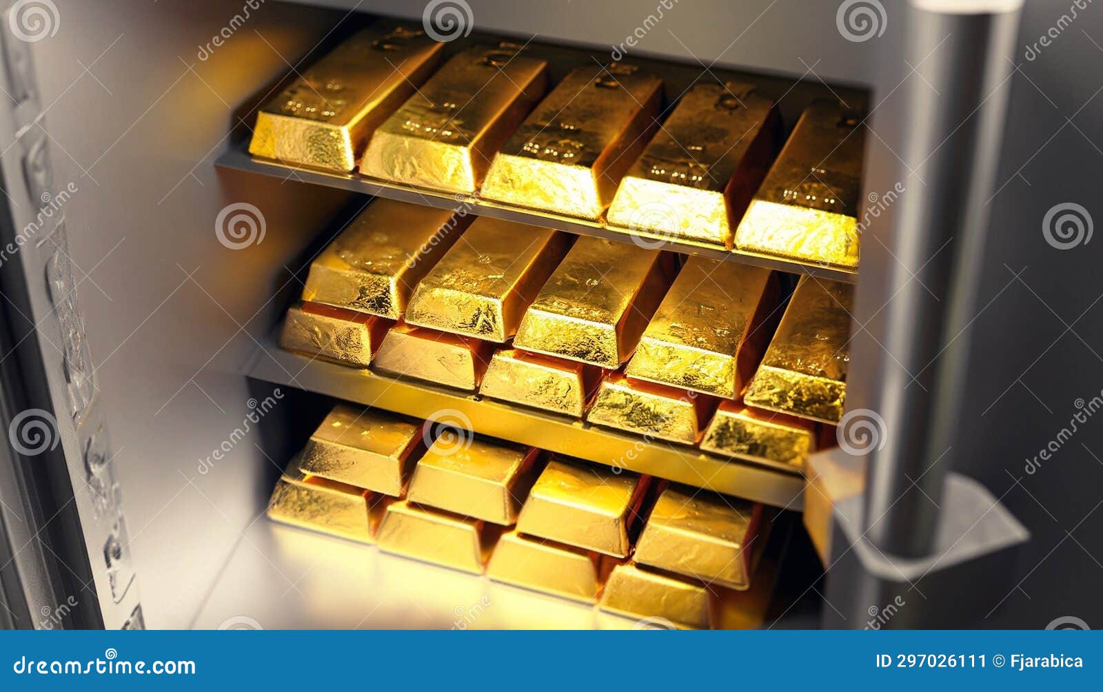 Gold bricks in a vault stock illustration. Illustration of number