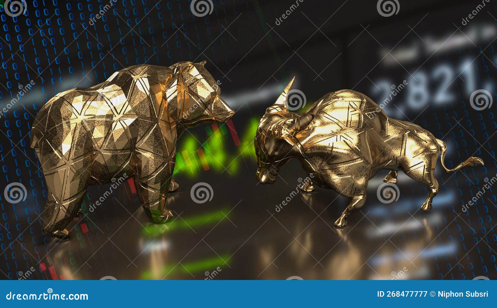 The Gold Bull and Bear on Chart for Business Concept 3d Rendering Stock