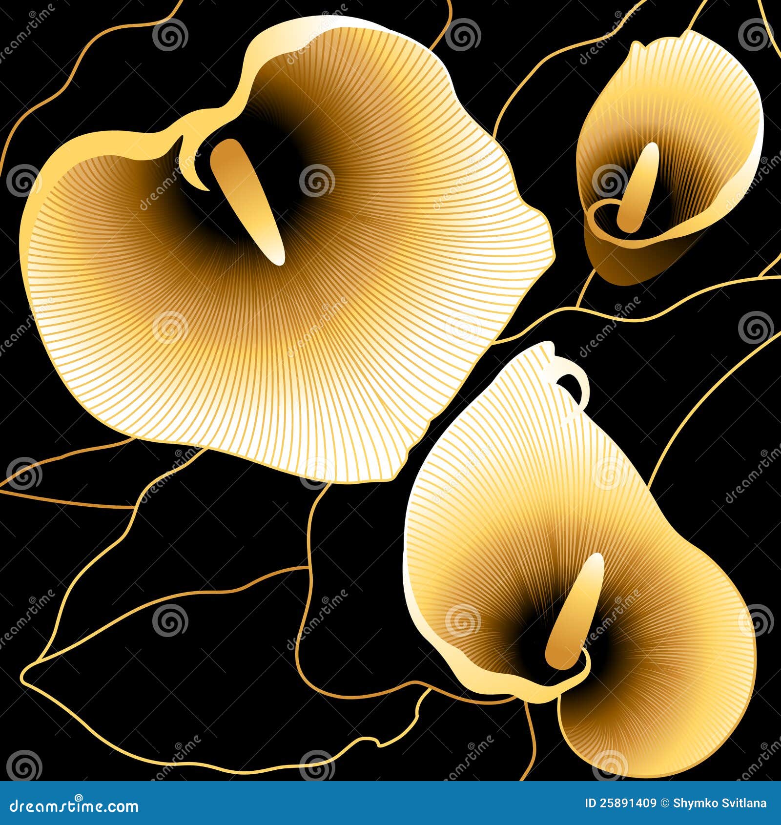 Gold callas. Three gold flowers calla on a black background