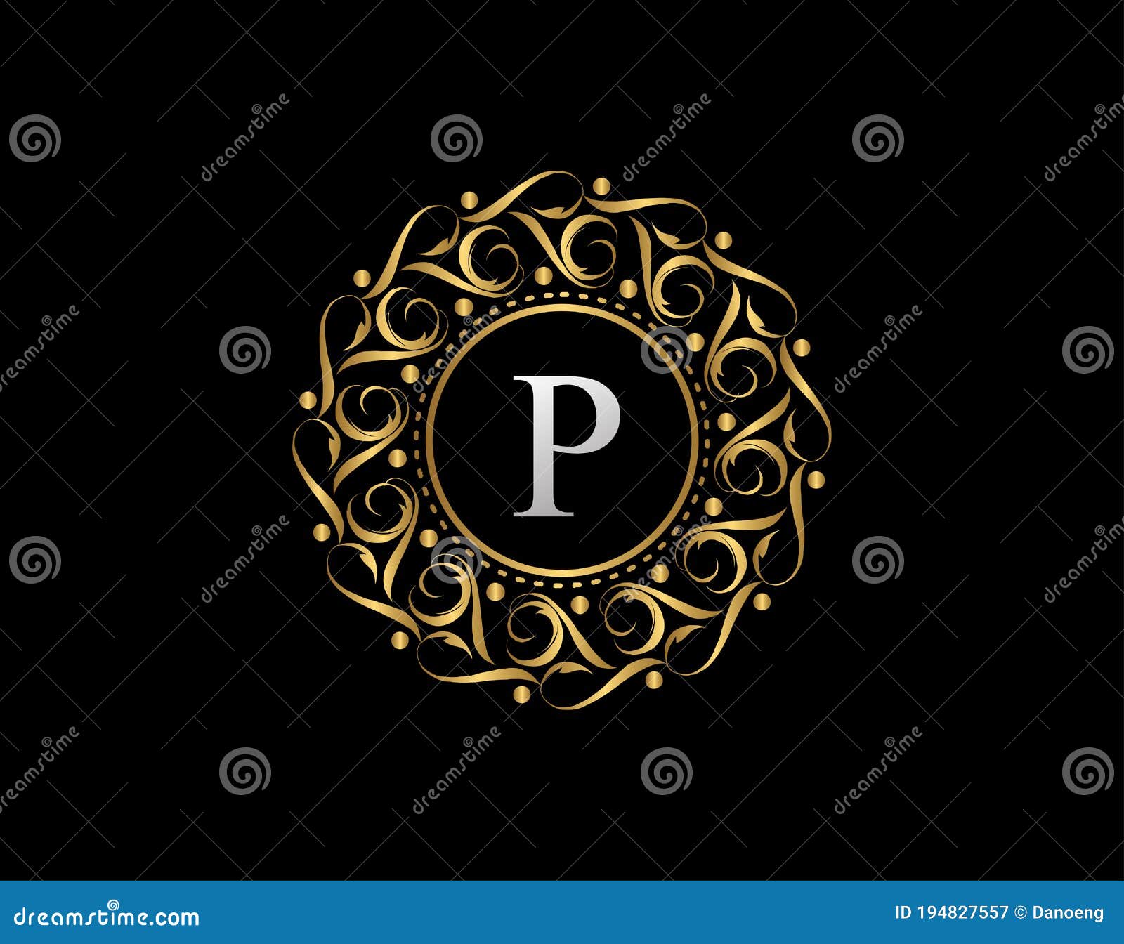 Gold Calligraphic Badge with Letter P Design. Ornamental Luxury Golden