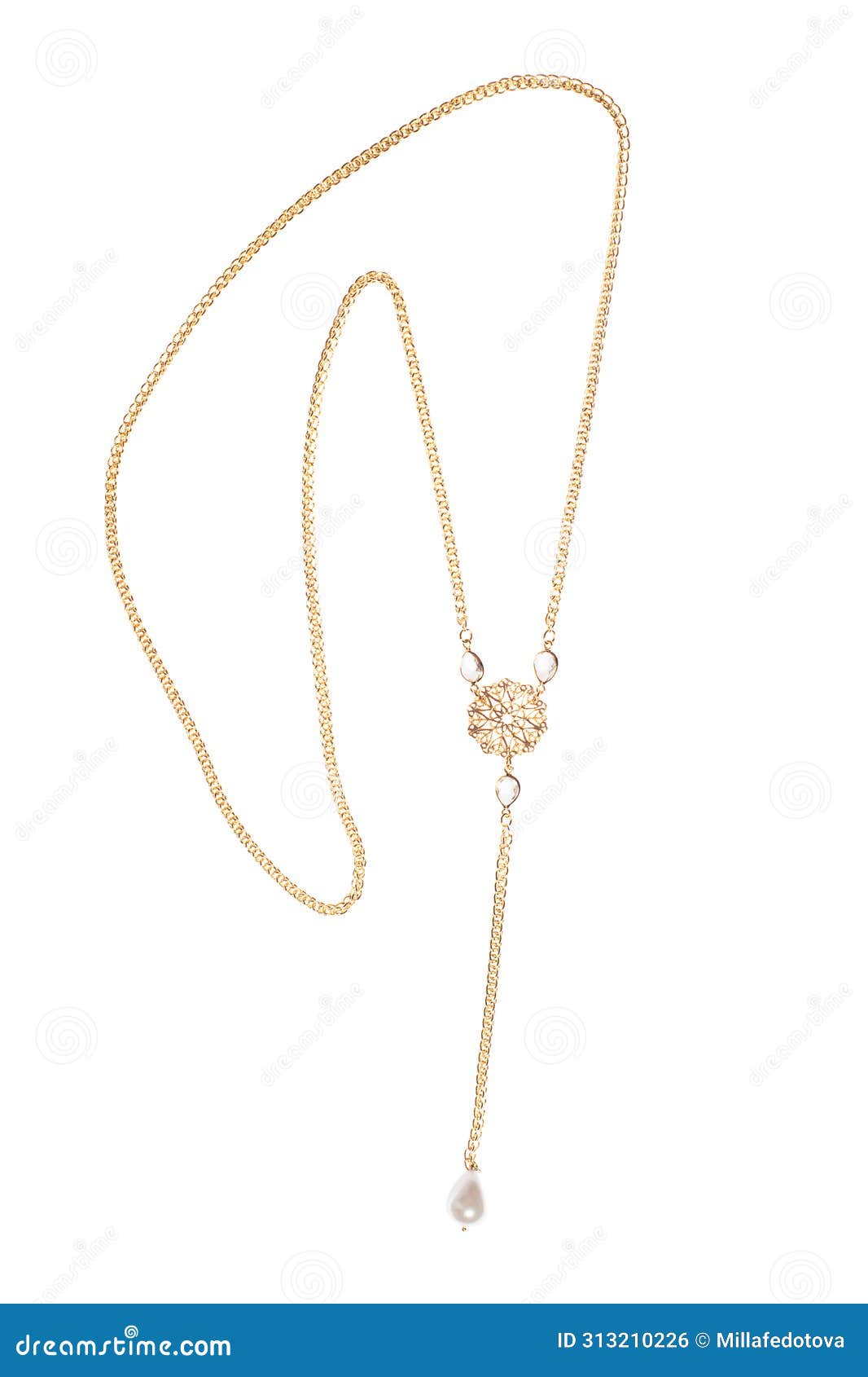 gold chain long collier necklace  on white background