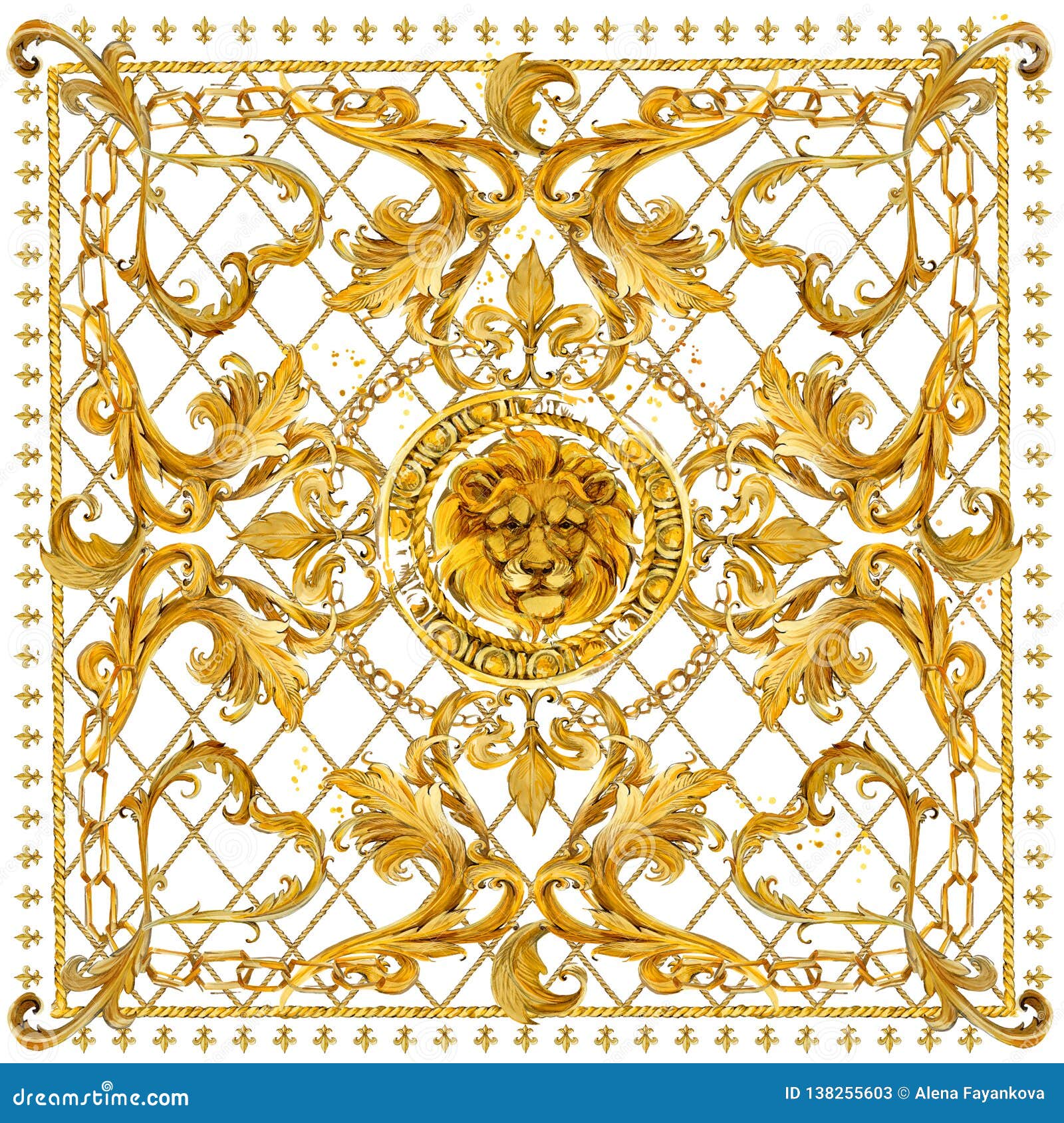 gold chains seamless border. luxury . golden lion head and lace. damask pattern . vintage riches background.