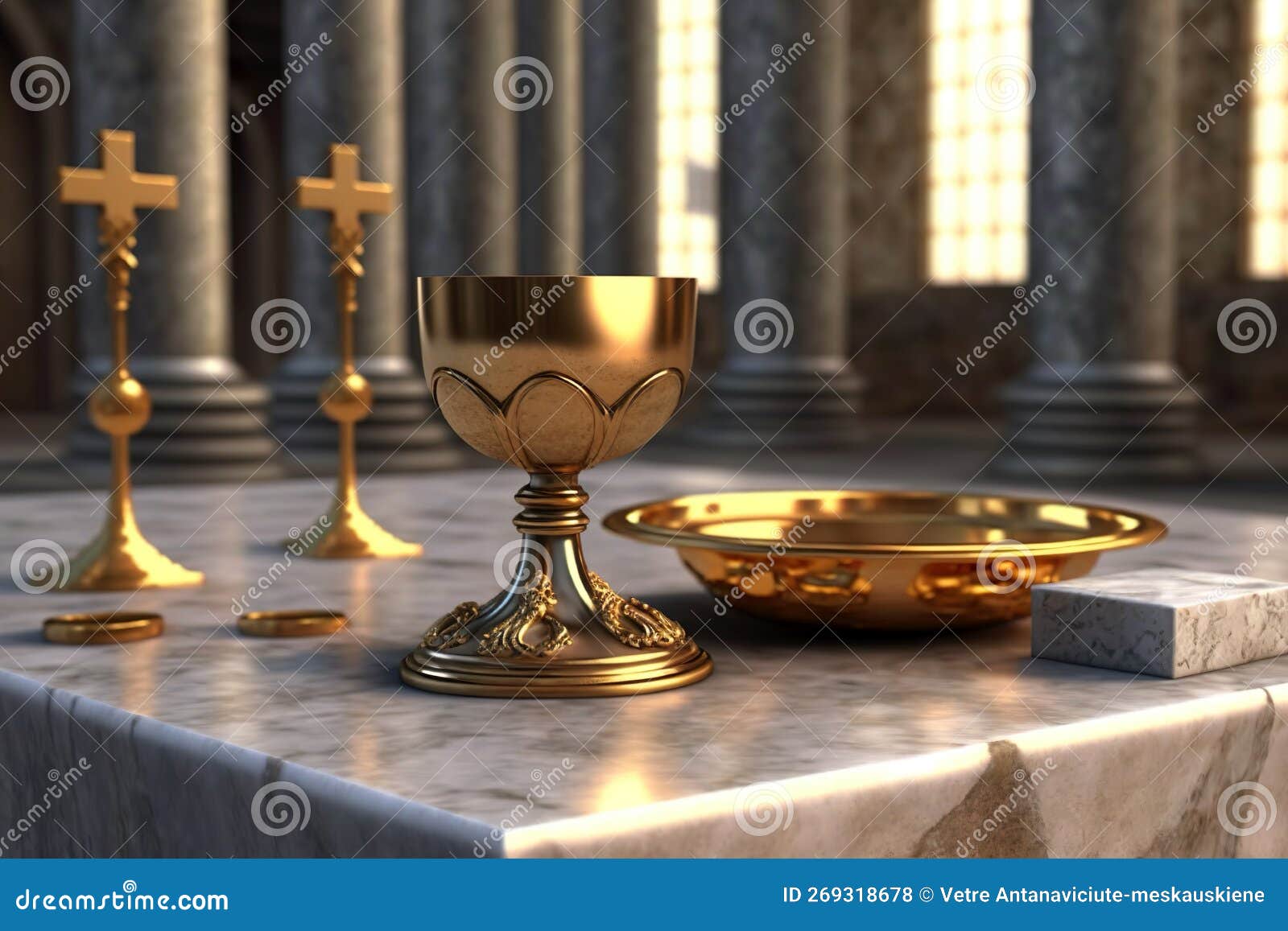 gold chalice of catholic religion on altar table. generative ai.