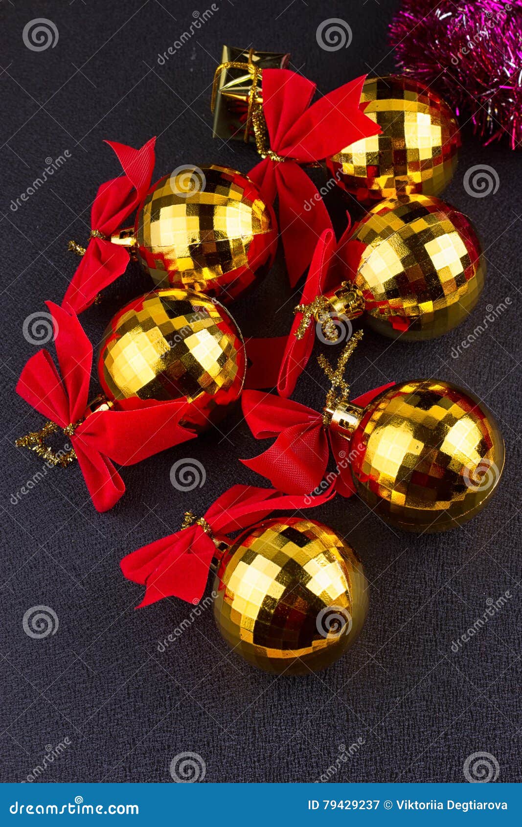 Gold Christmas Balls With Red Ribbons Stock Image - Image of hang ...