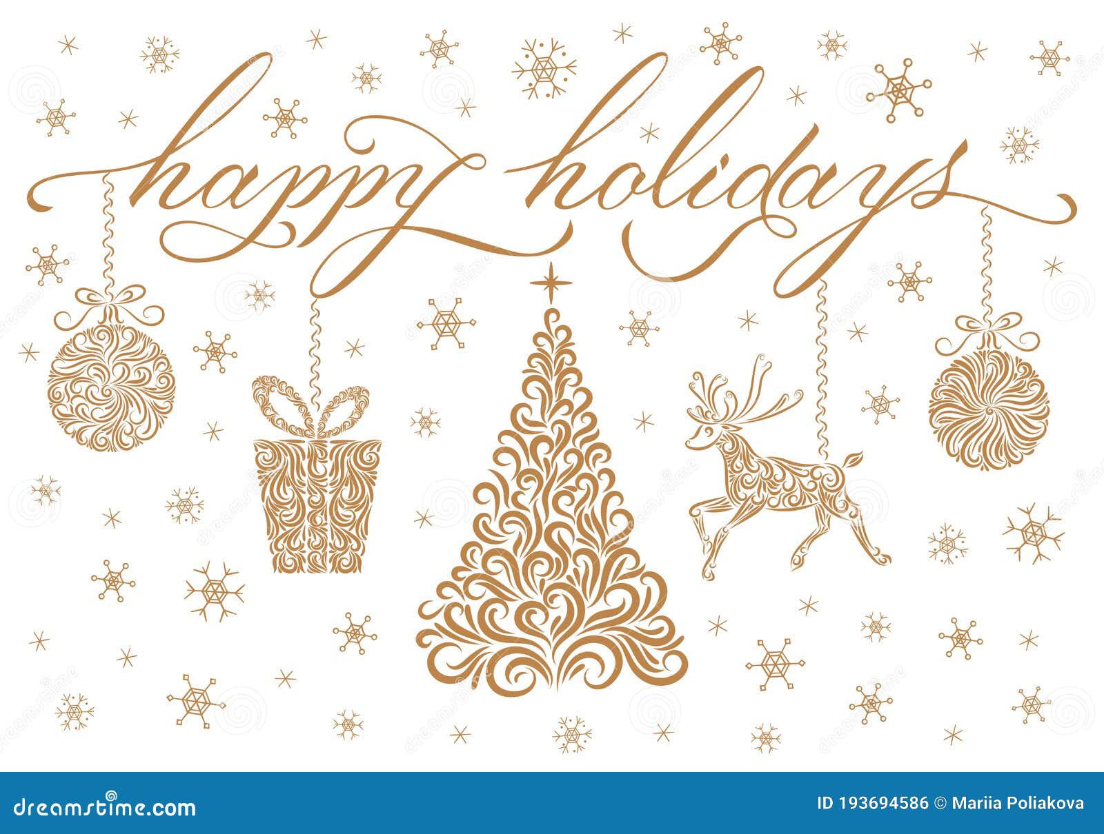 Gold Christmas Design: Happy Holidays Lettering, Tree, Reindeer ...