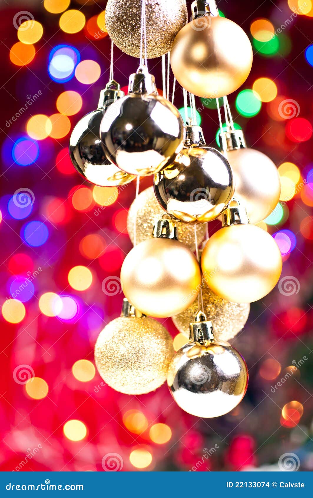 Gold Christmas Hanging Baubles with Lights at Back Stock Photo Image