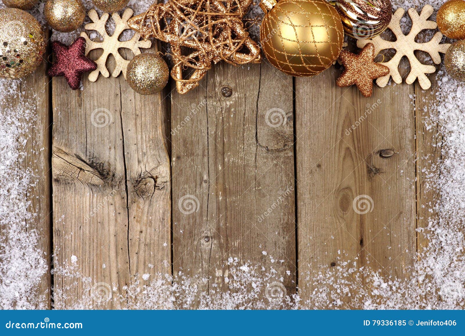 Gold Christmas Ornament Top Border with Snow Frame on Wood Stock Image ...