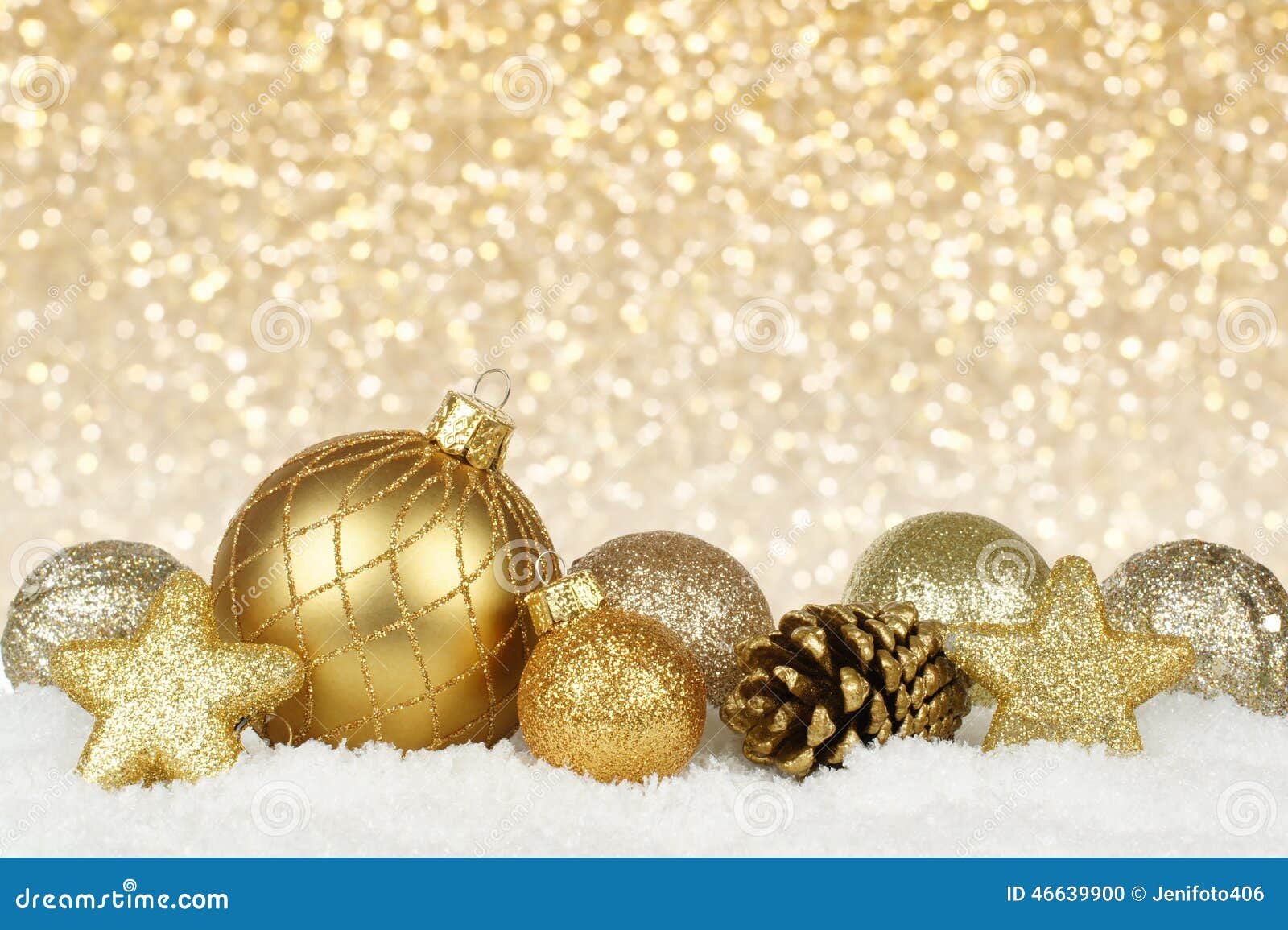 Gold Christmas Ornaments with Twinkling Background Stock Photo - Image of  festive, group: 46639900